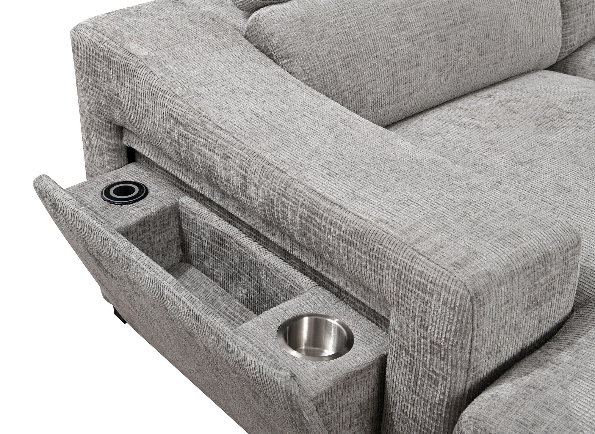 VELORA Panorama-Sofa mit 2 Truhen aus grau meliertem Samt