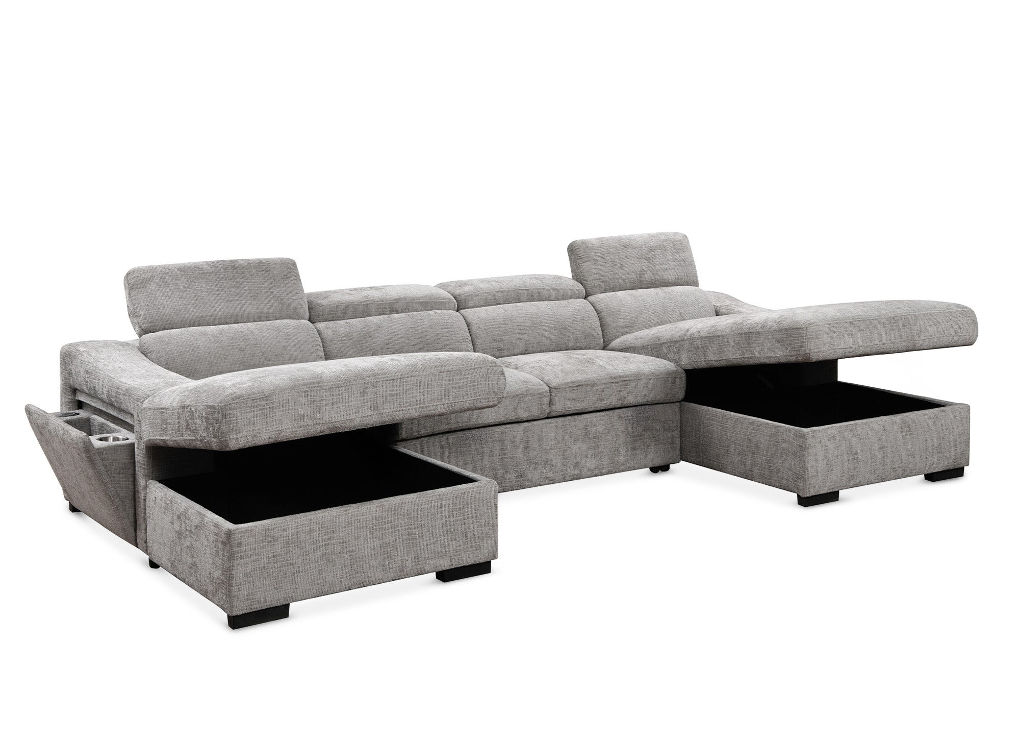 VELORA Panorama-Sofa mit 2 Truhen aus grau meliertem Samt