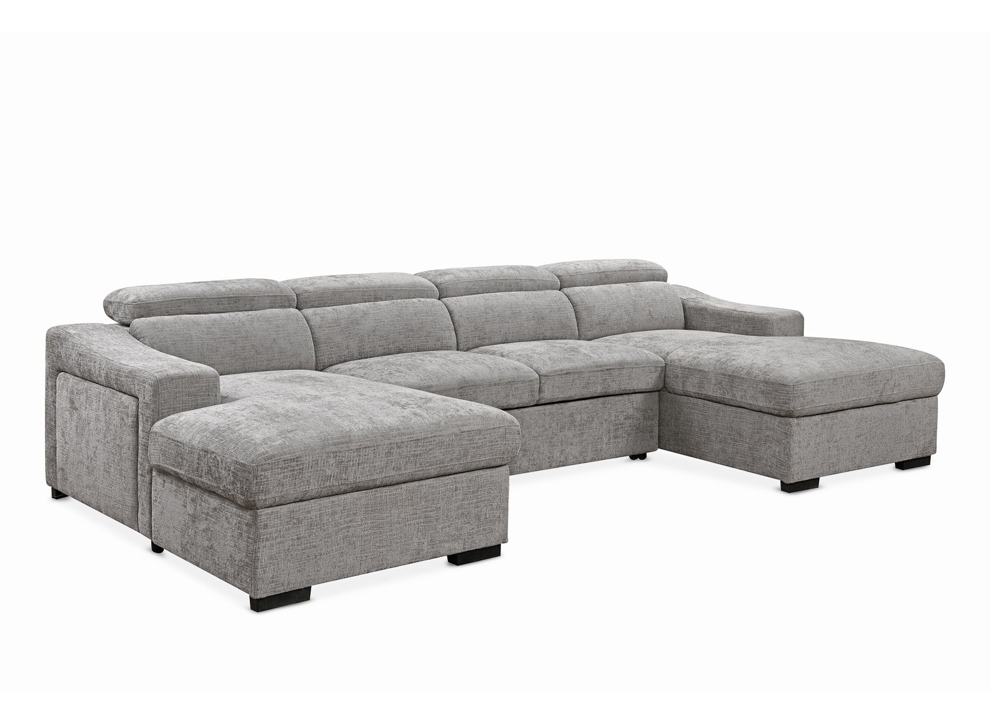 VELORA Panorama-Sofa mit 2 Truhen aus grau meliertem Samt