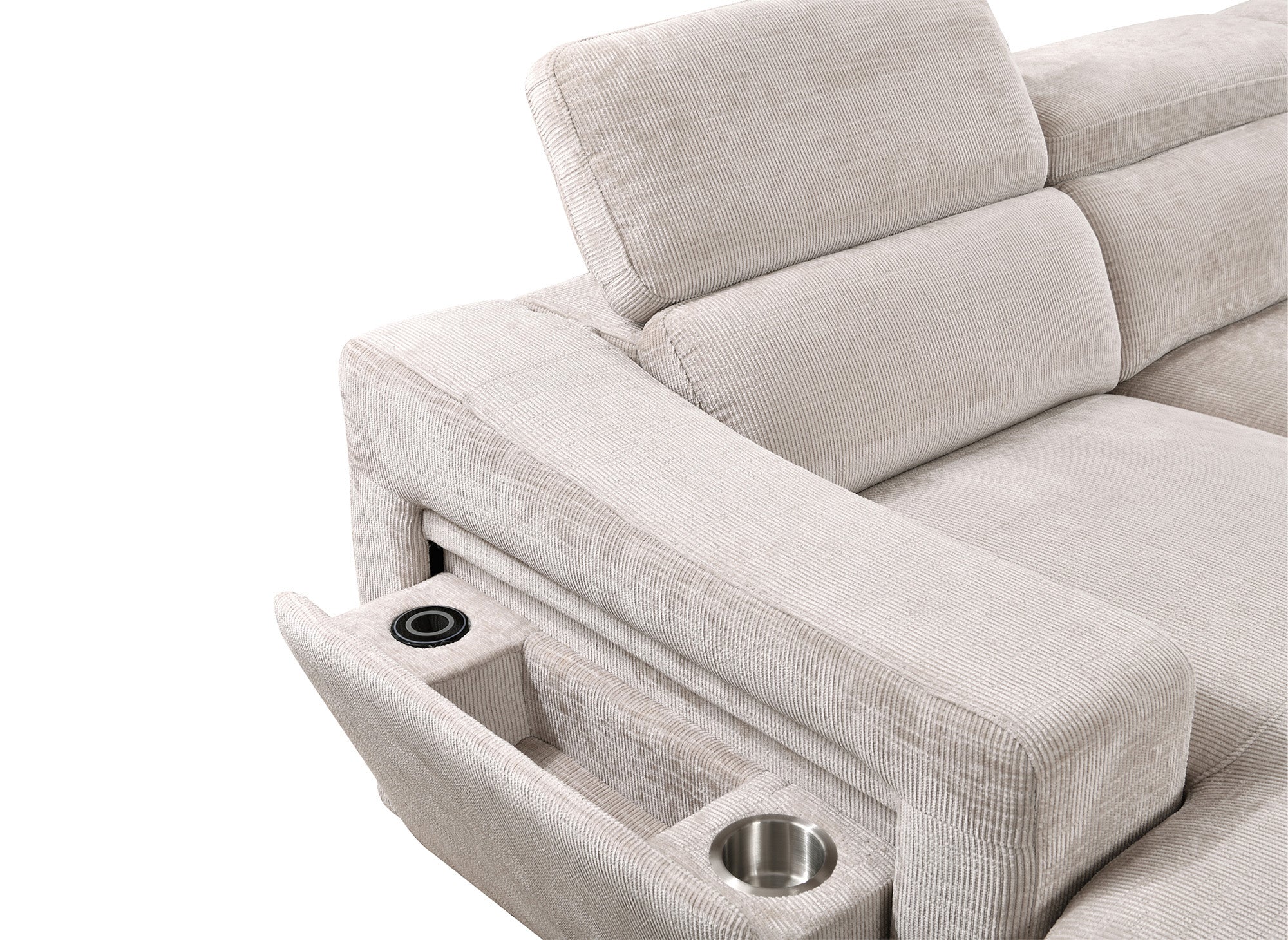 VELORA Panorama-Sofa mit 2 Truhen aus beige meliertem Samt