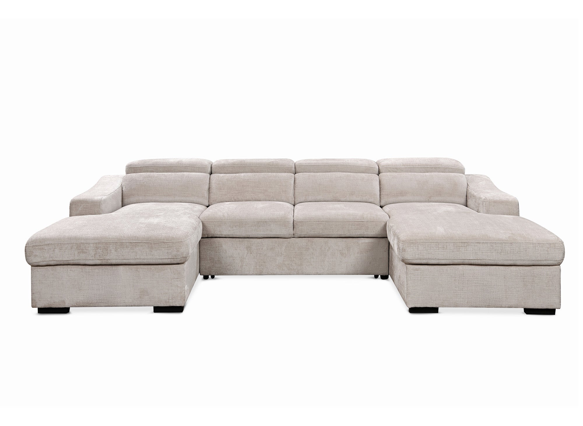 VELORA Panorama-Sofa mit 2 Truhen aus beige meliertem Samt