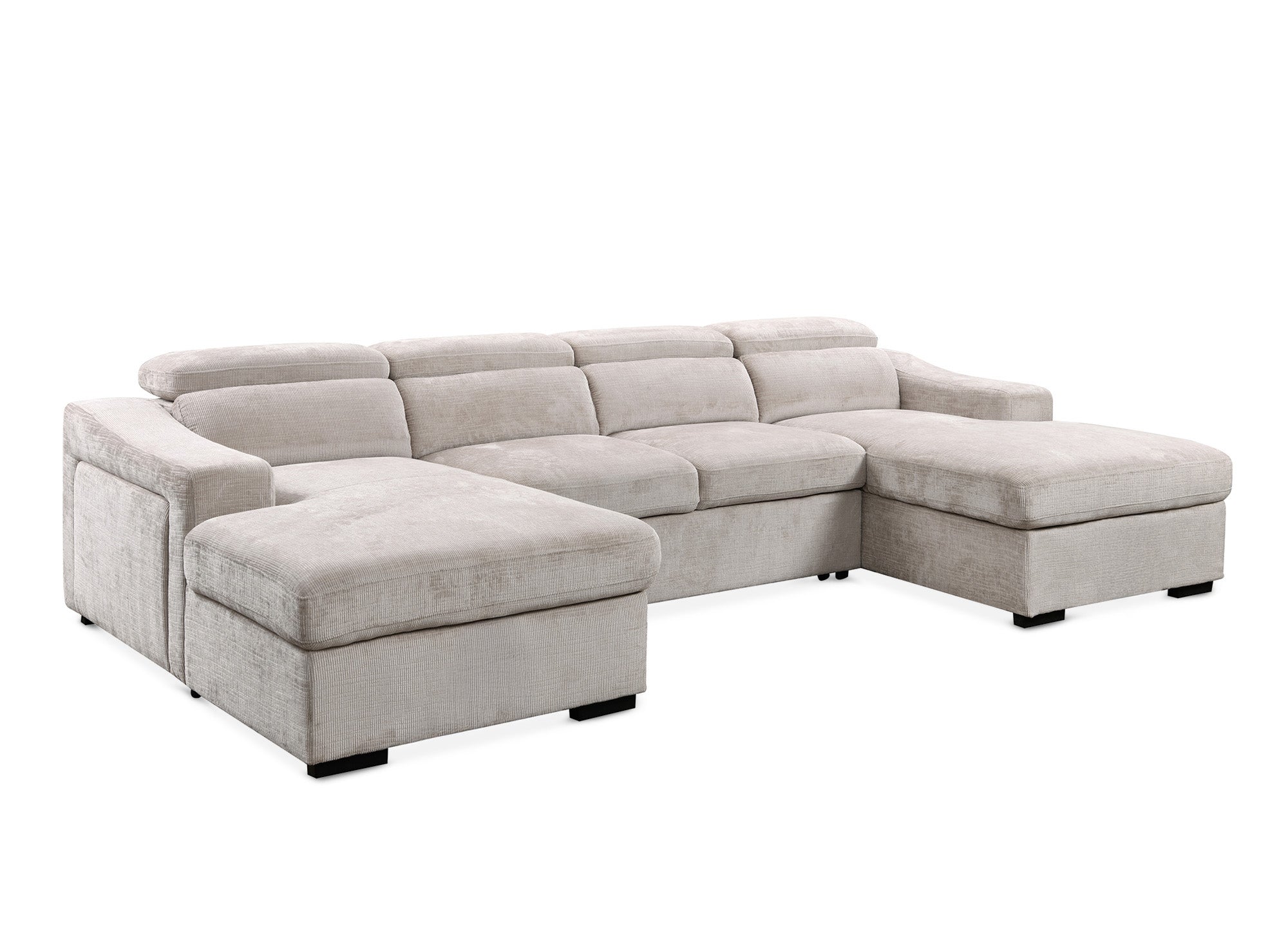 VELORA Panorama-Sofa mit 2 Truhen aus beige meliertem Samt
