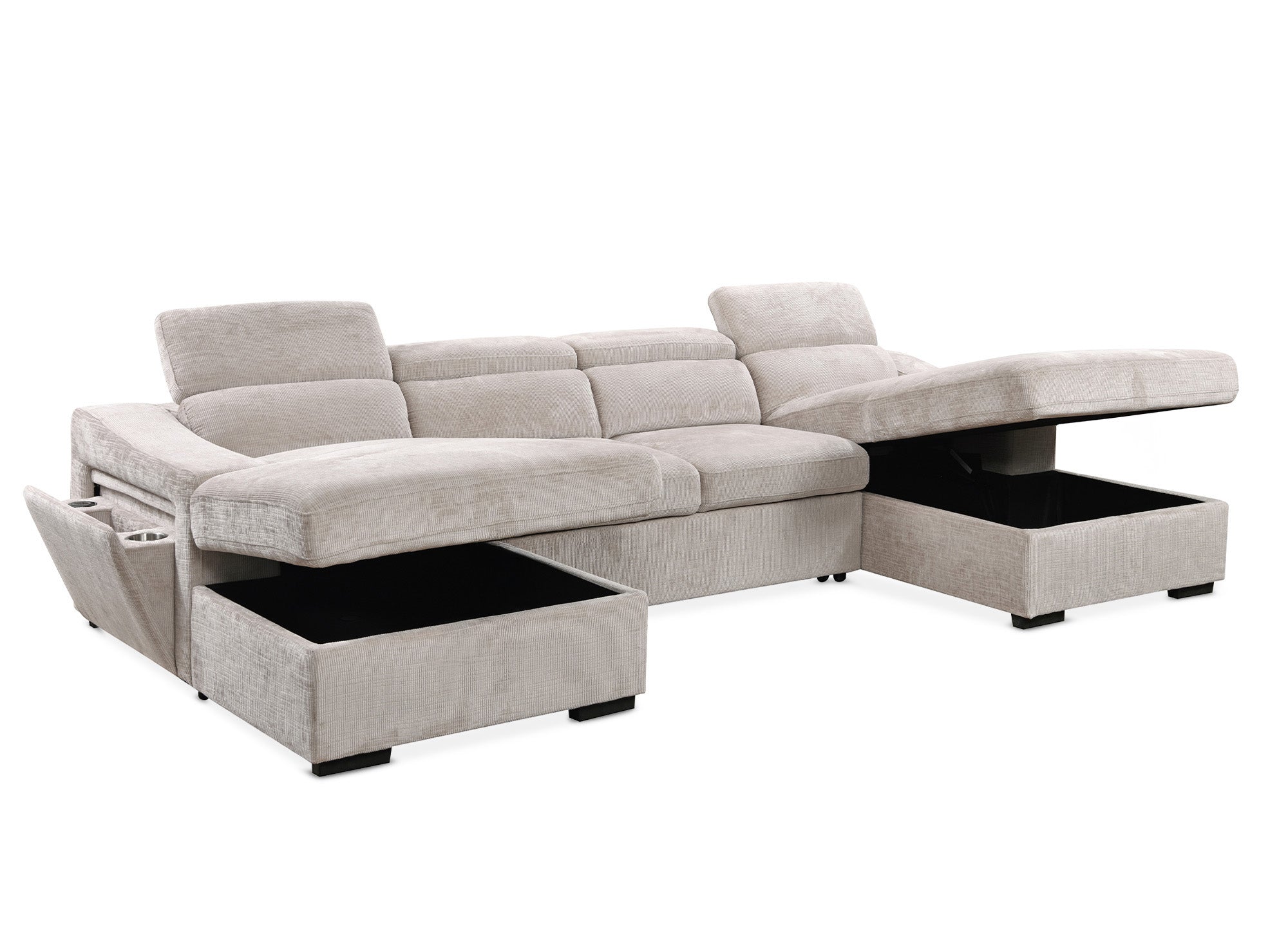 VELORA Panorama-Sofa mit 2 Truhen aus beige meliertem Samt