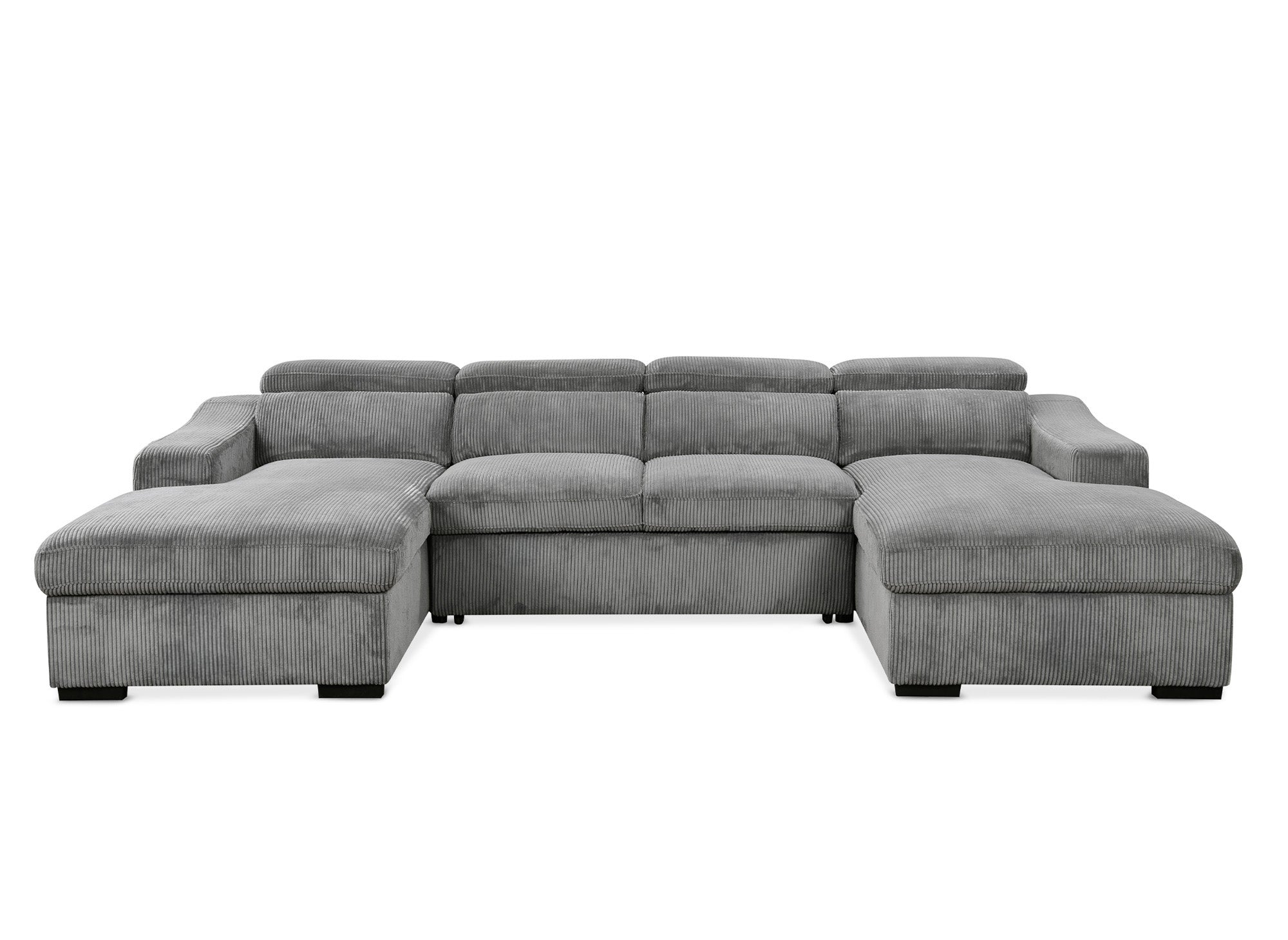 VELORA Panorama-Sofa mit 2 Staufächern aus dickem grauem Cord