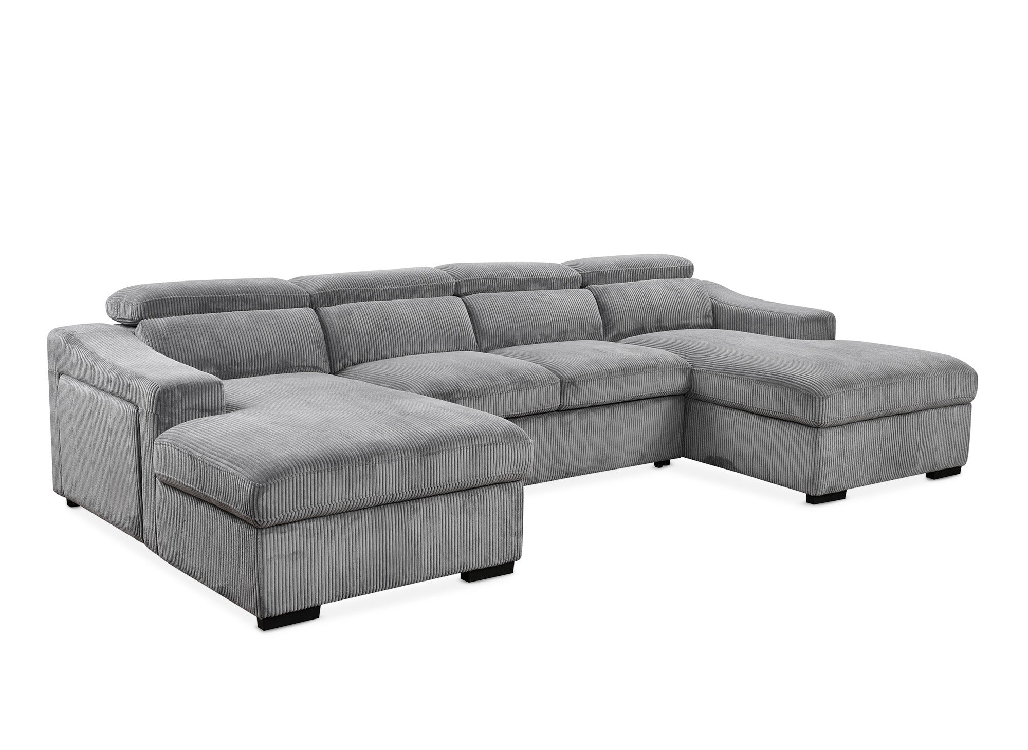 VELORA Panorama-Sofa mit 2 Staufächern aus dickem grauem Cord