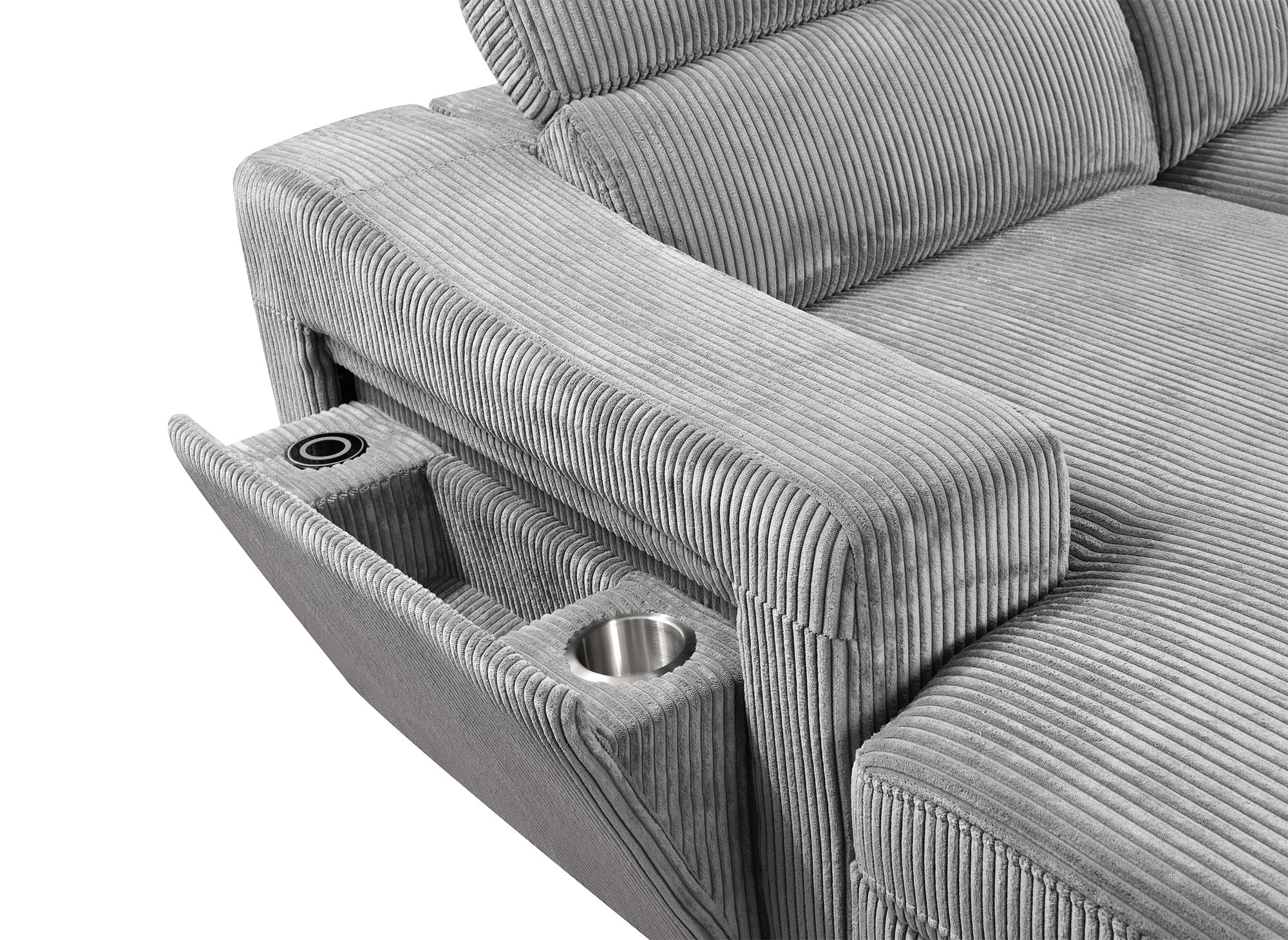 VELORA Panorama-Sofa mit 2 Staufächern aus dickem grauem Cord