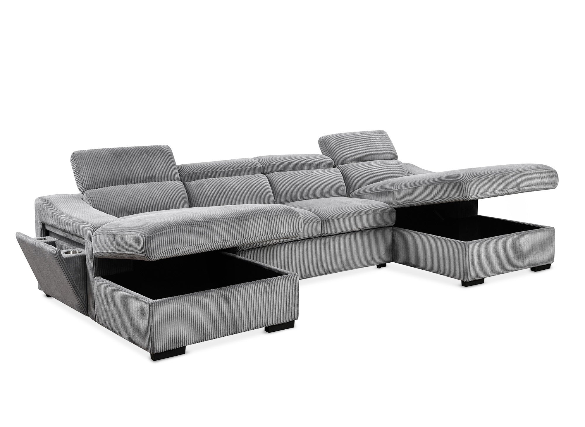 VELORA Panorama-Sofa mit 2 Staufächern aus dickem grauem Cord