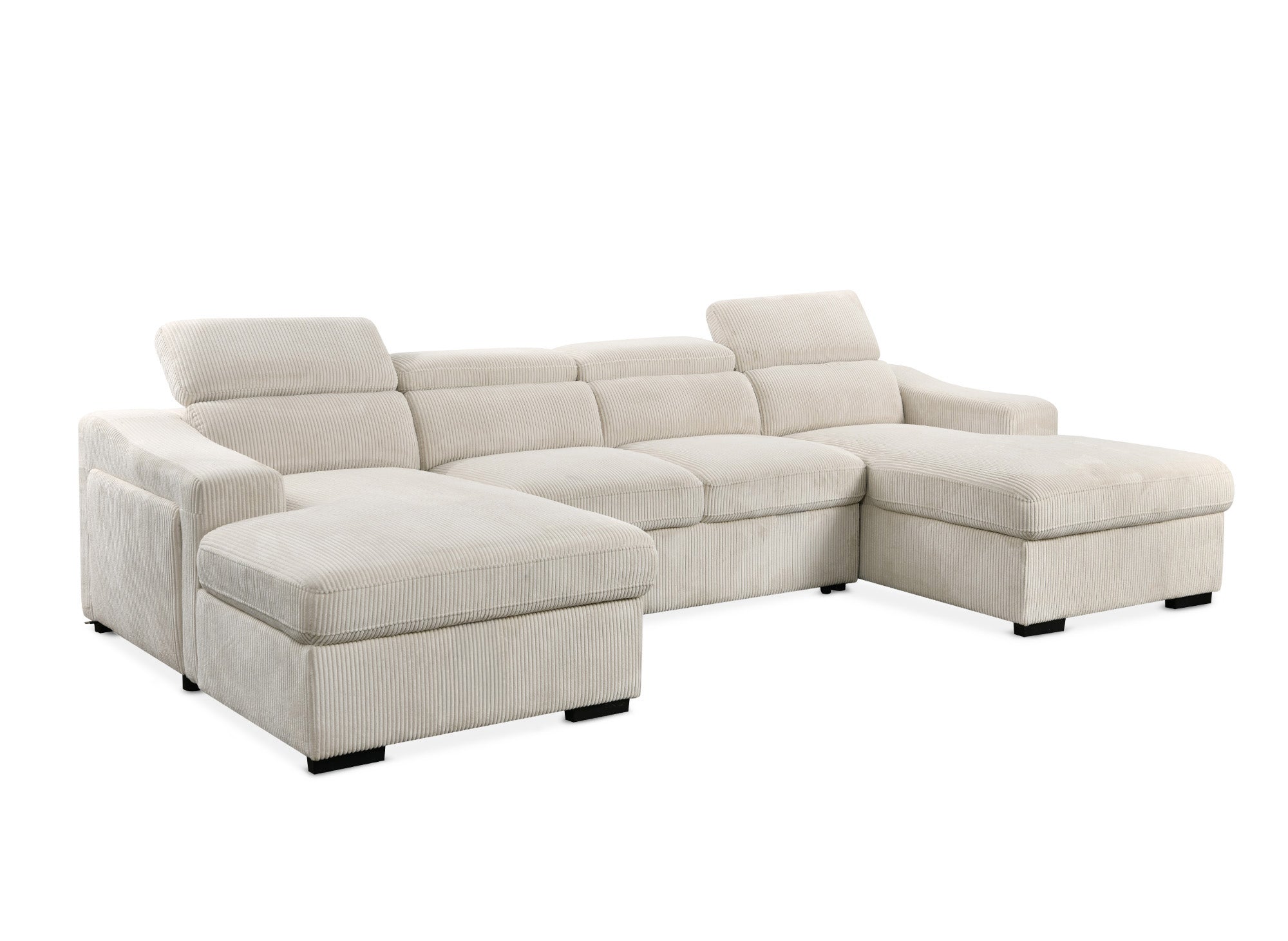 Panorama-Schlafsofa VELORA mit 2 Truhen aus dickem, beigem Cord