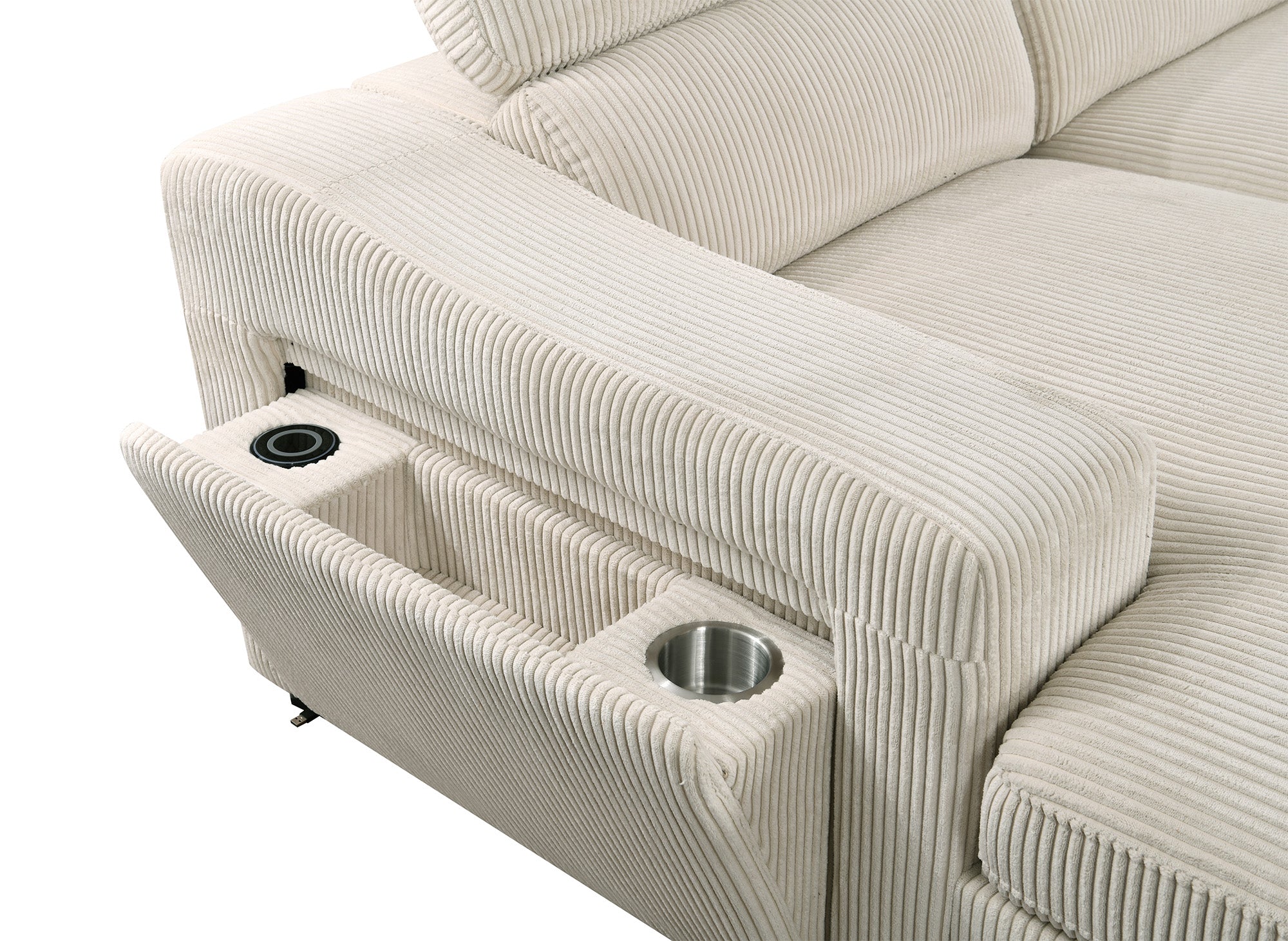 Panorama-Schlafsofa VELORA mit 2 Truhen aus dickem, beigem Cord