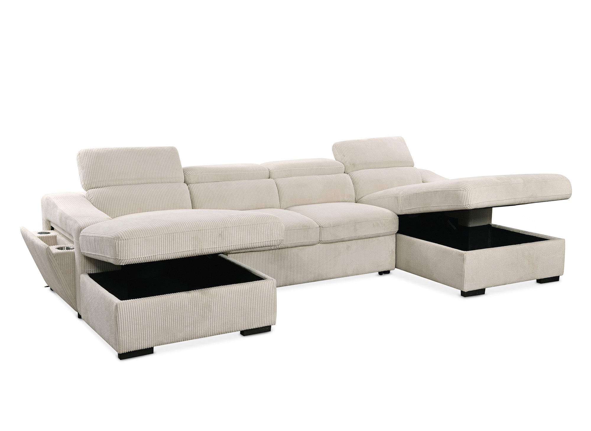 Panorama-Schlafsofa VELORA mit 2 Truhen aus dickem, beigem Cord