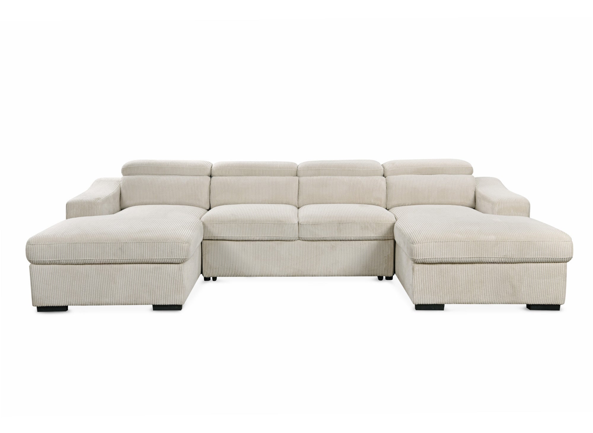 Panorama-Schlafsofa VELORA mit 2 Truhen aus dickem, beigem Cord