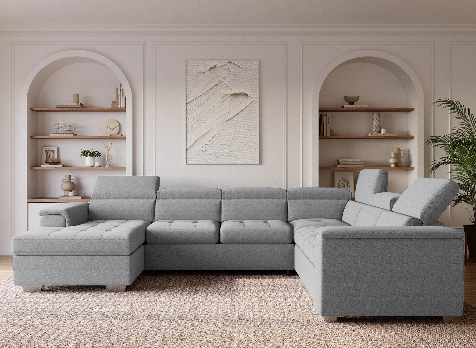 GAELLE Panorama-Sofa mit Aufbewahrungsbox aus grauem Stoff - Linke Ecke