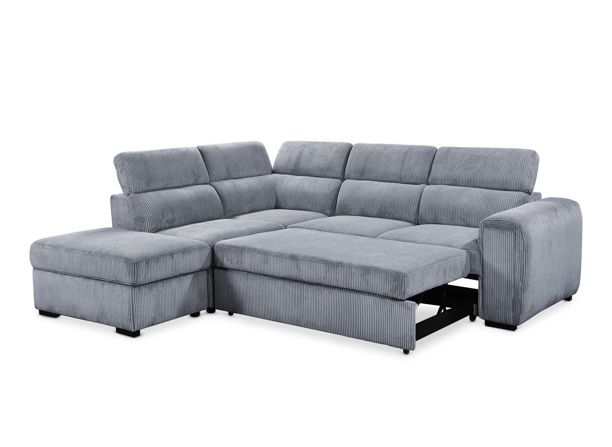ZENOVA Ecksofa aus dickem grauem Cord mit Stauraum – Linke Ecke