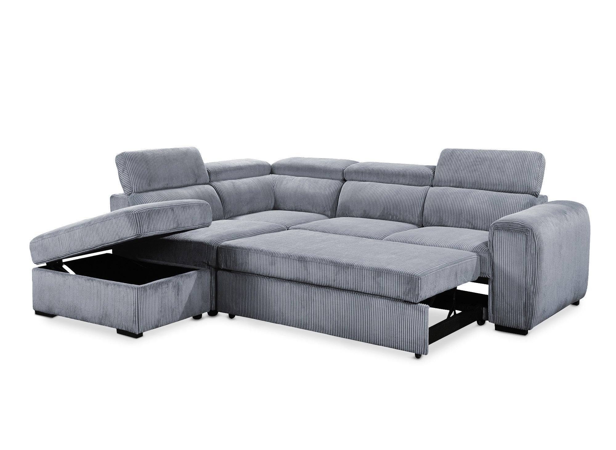 ZENOVA Ecksofa aus dickem grauem Cord mit Stauraum – Linke Ecke