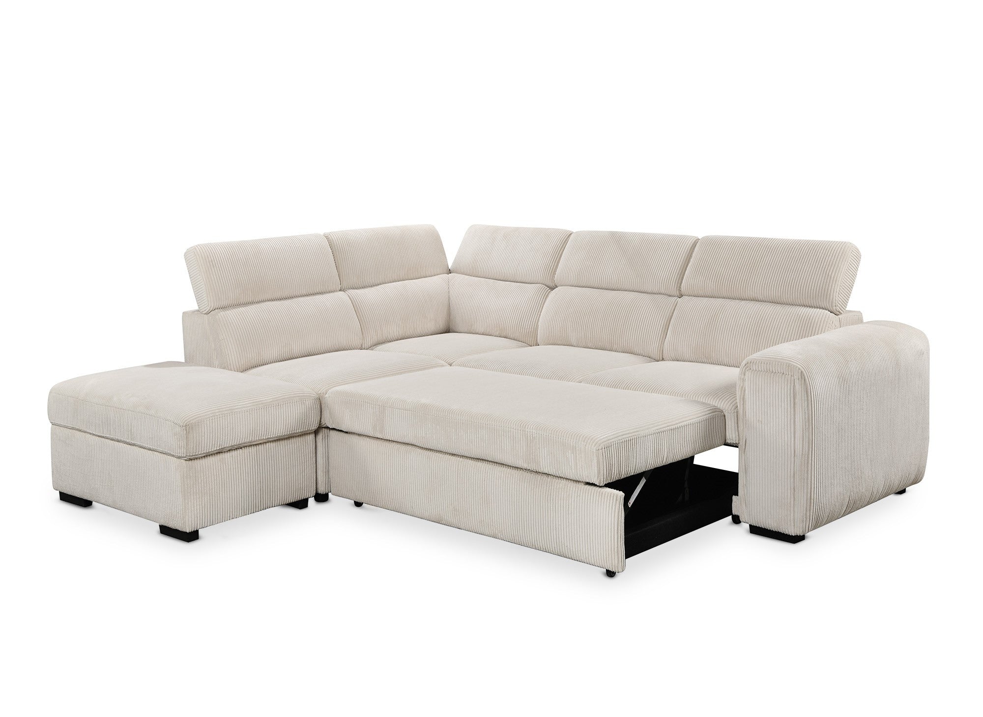 ZENOVA Ecksofa aus dickem, beigefarbenem Cord mit Stauraum – Linke Ecke