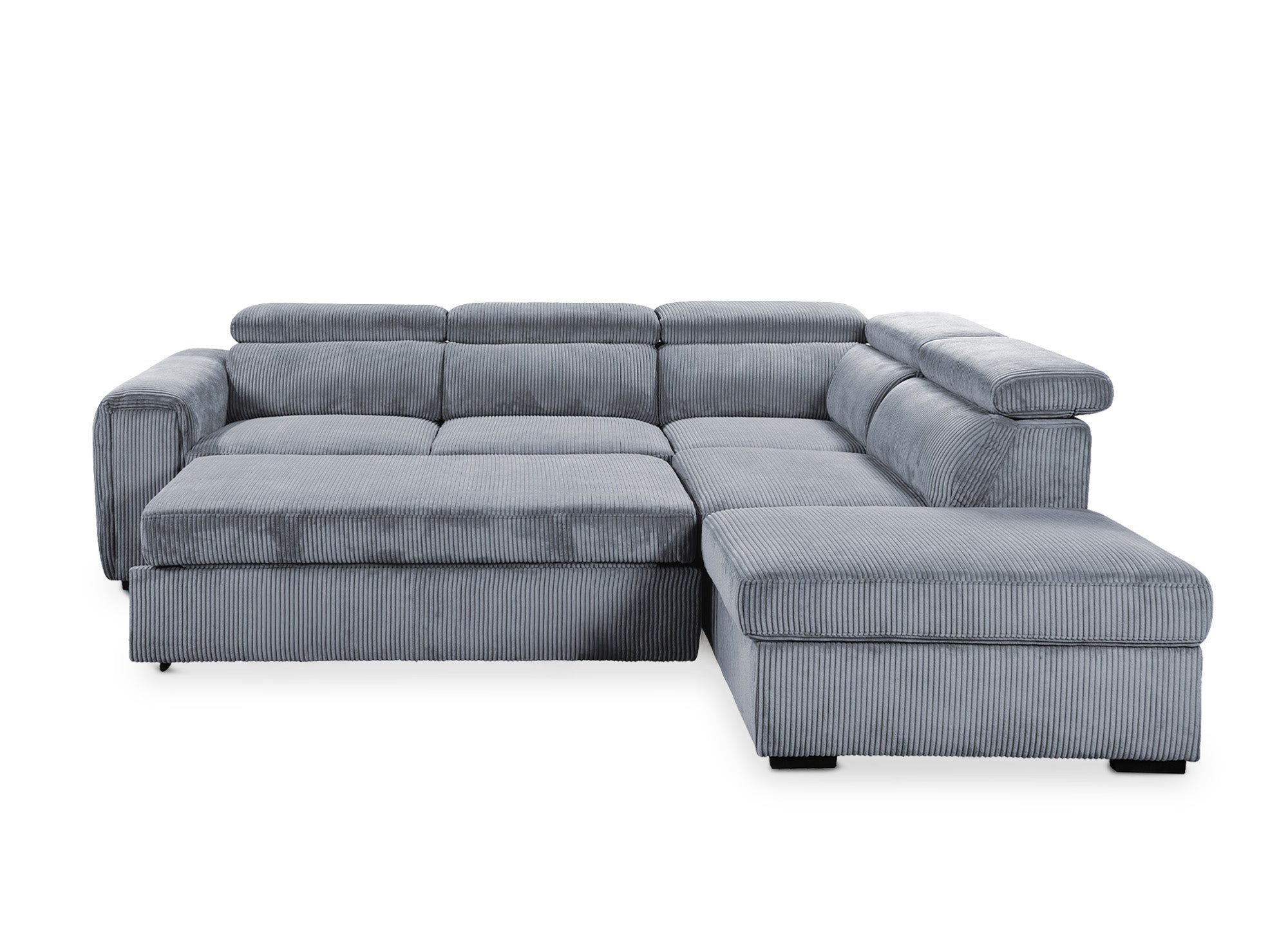 ZENOVA Ecksofa aus dickem grauem Cord mit Stauraum – rechtwinklig