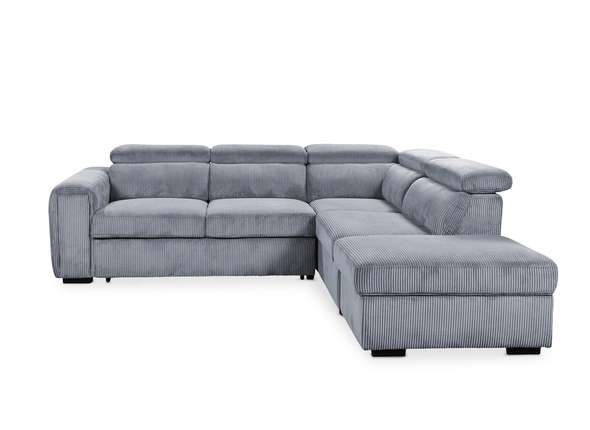 ZENOVA Ecksofa aus dickem grauem Cord mit Stauraum – rechtwinklig