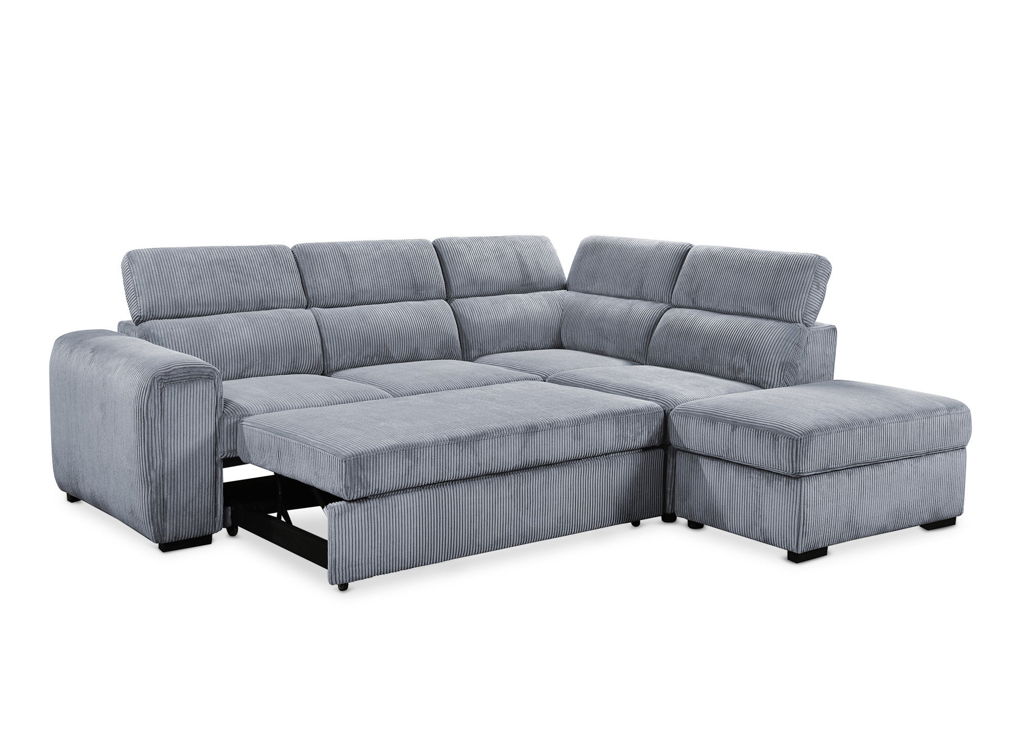 ZENOVA Ecksofa aus dickem grauem Cord mit Stauraum – rechtwinklig