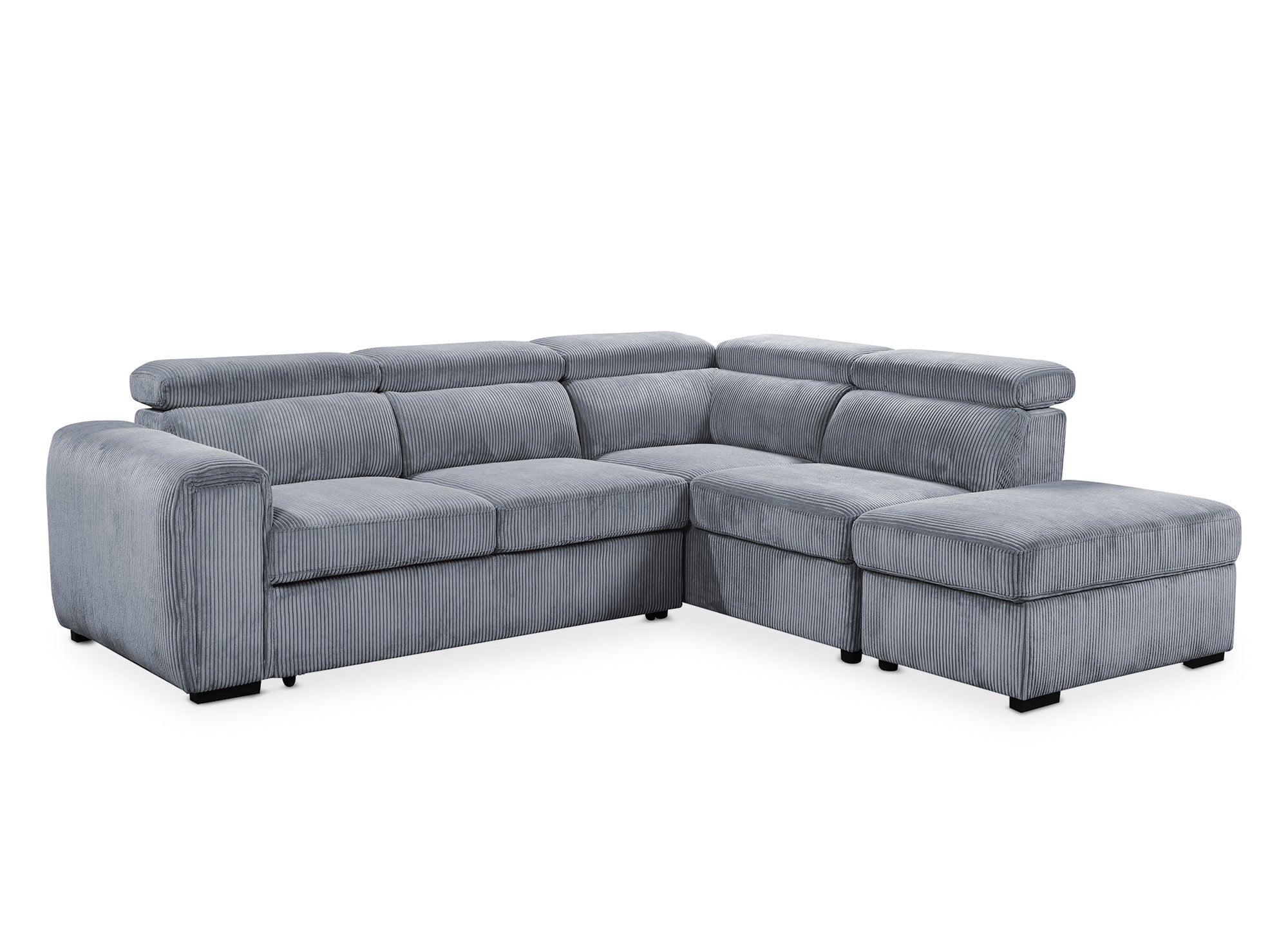 ZENOVA Ecksofa aus dickem grauem Cord mit Stauraum – rechtwinklig