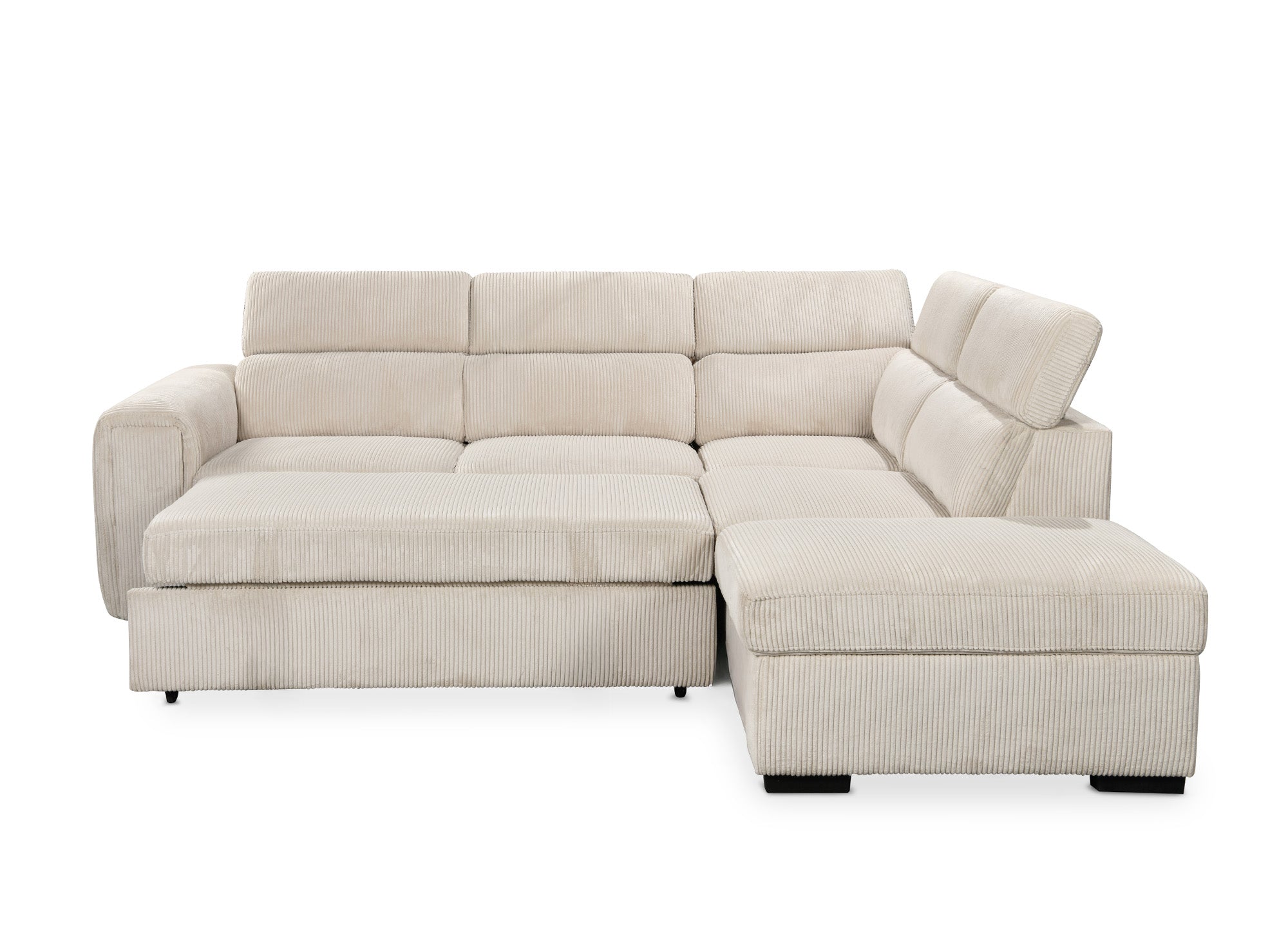 ZENOVA Ecksofa aus dickem, beigefarbenem Cord mit Stauraum – rechtwinklig