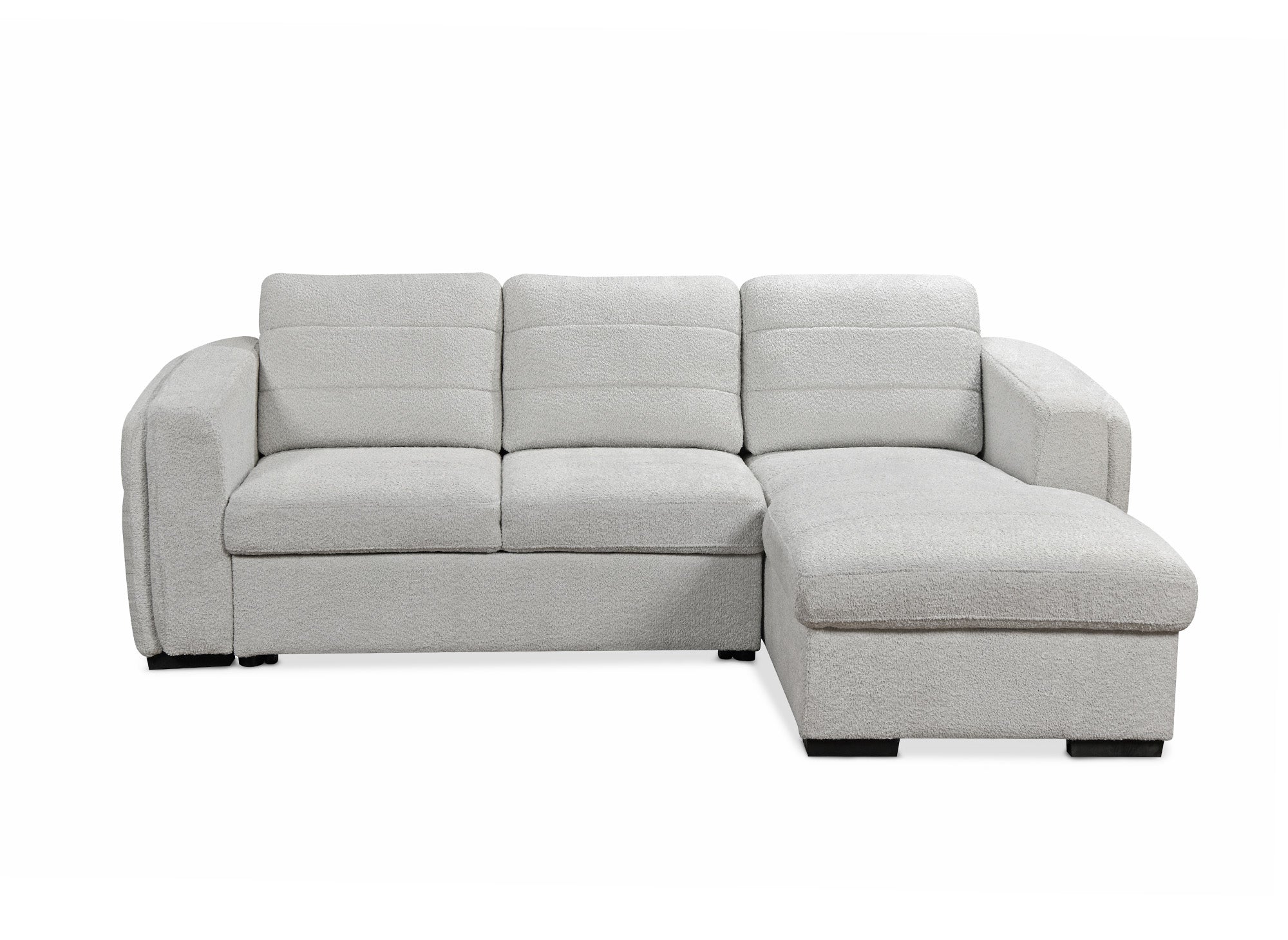 CALANDRA umwandelbares Ecksofa mit Stauraum aus hellgrauem Bouclé-Stoff - Rechtwinklig
