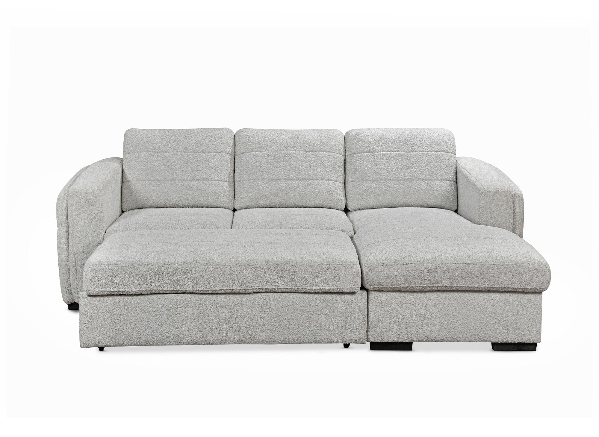 CALANDRA umwandelbares Ecksofa mit Stauraum aus hellgrauem Bouclé-Stoff - Rechtwinklig