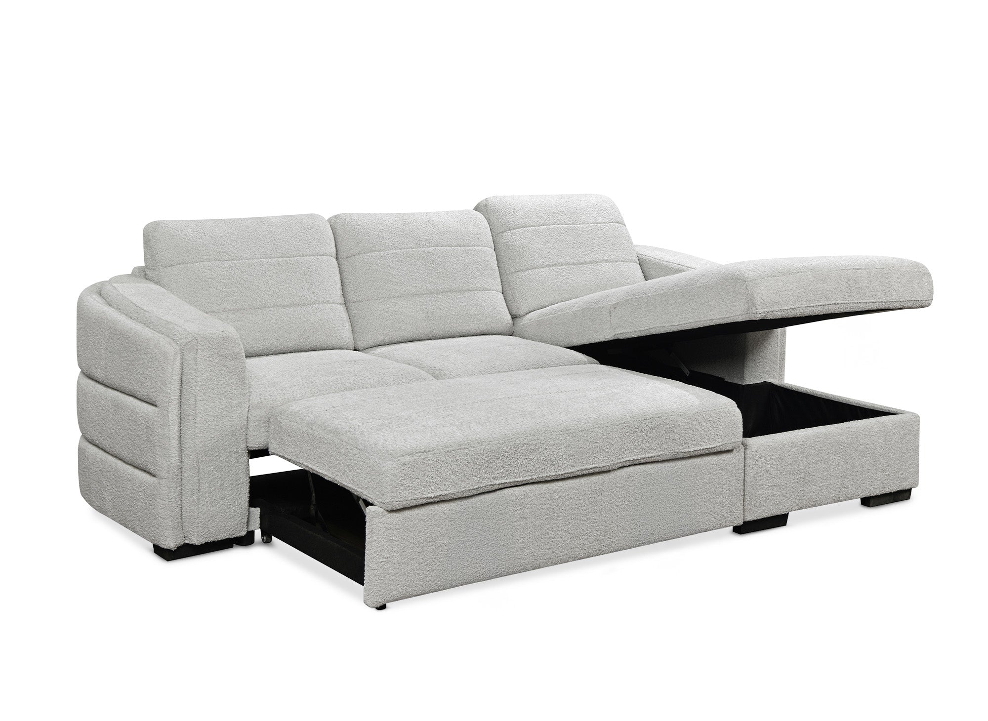 CALANDRA umwandelbares Ecksofa mit Stauraum aus hellgrauem Bouclé-Stoff - Rechtwinklig