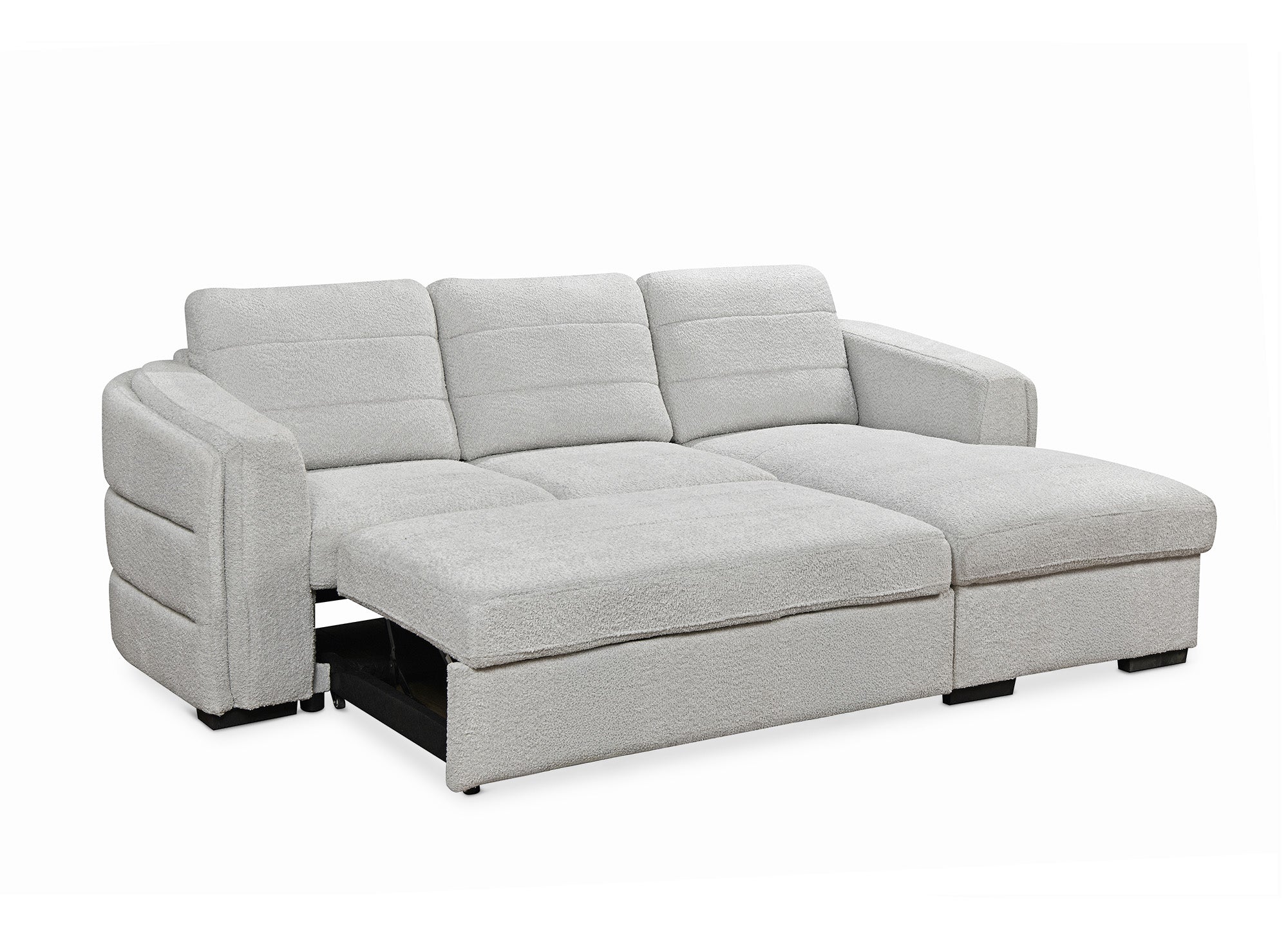 CALANDRA umwandelbares Ecksofa mit Stauraum aus hellgrauem Bouclé-Stoff - Rechtwinklig