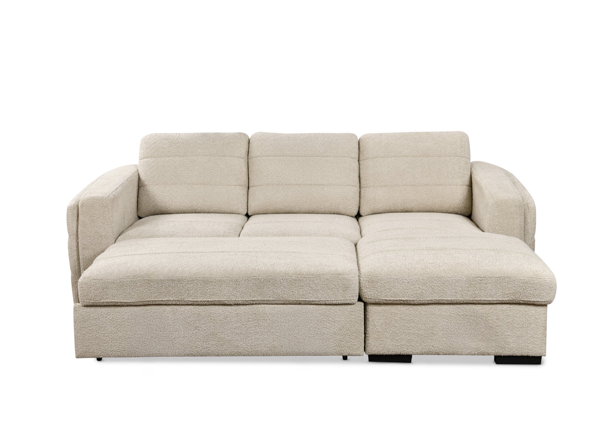 CALANDRA umwandelbares Ecksofa mit Stauraum aus beigem Bouclé-Stoff - Rechtwinklig