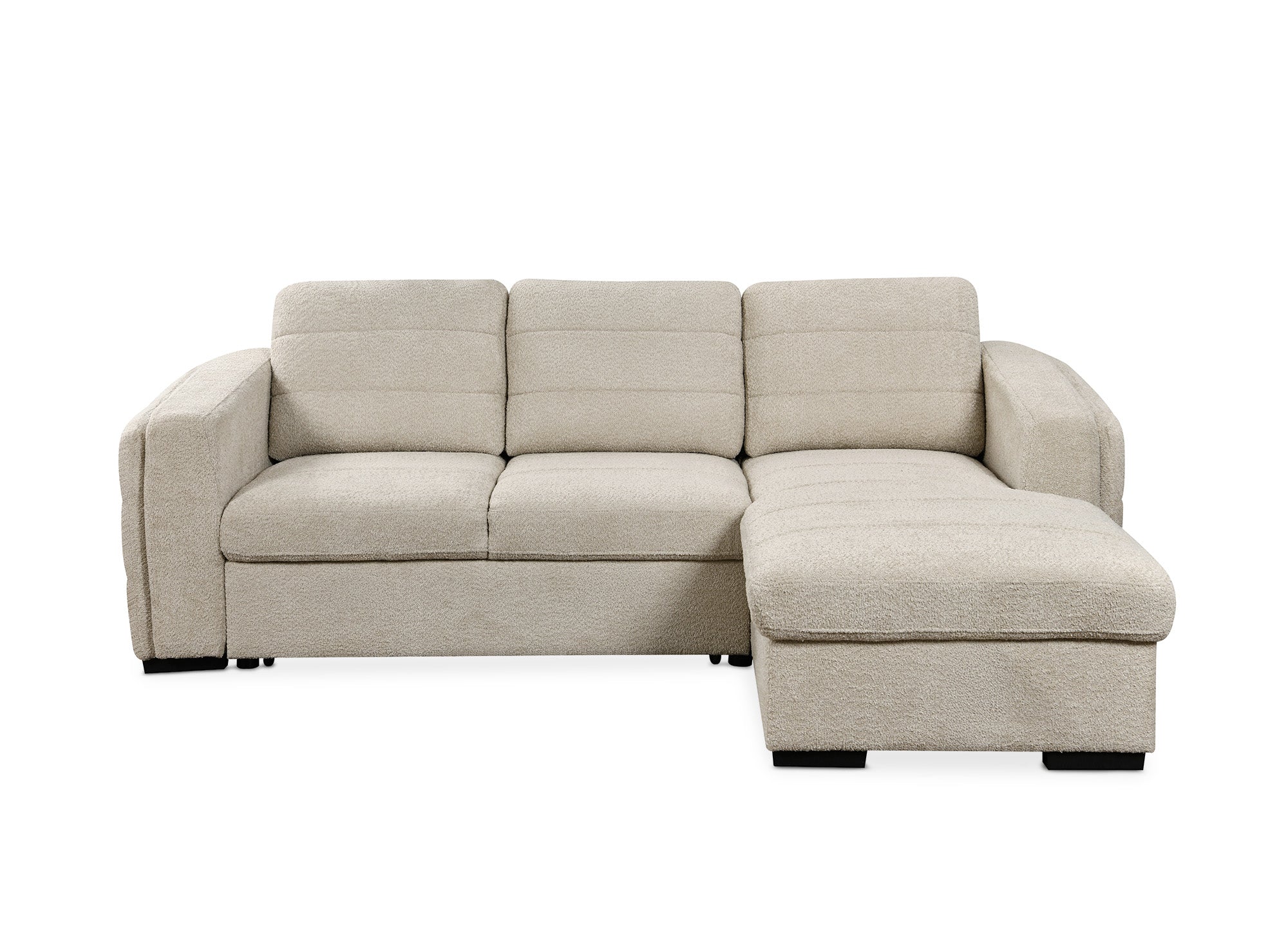 CALANDRA umwandelbares Ecksofa mit Stauraum aus beigem Bouclé-Stoff - Rechtwinklig