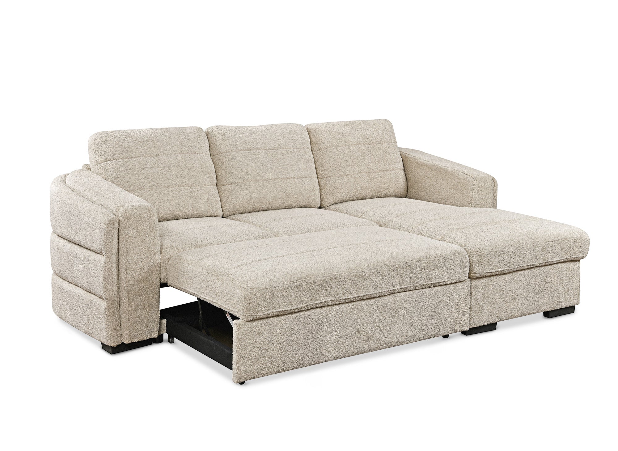 CALANDRA umwandelbares Ecksofa mit Stauraum aus beigem Bouclé-Stoff - Rechtwinklig