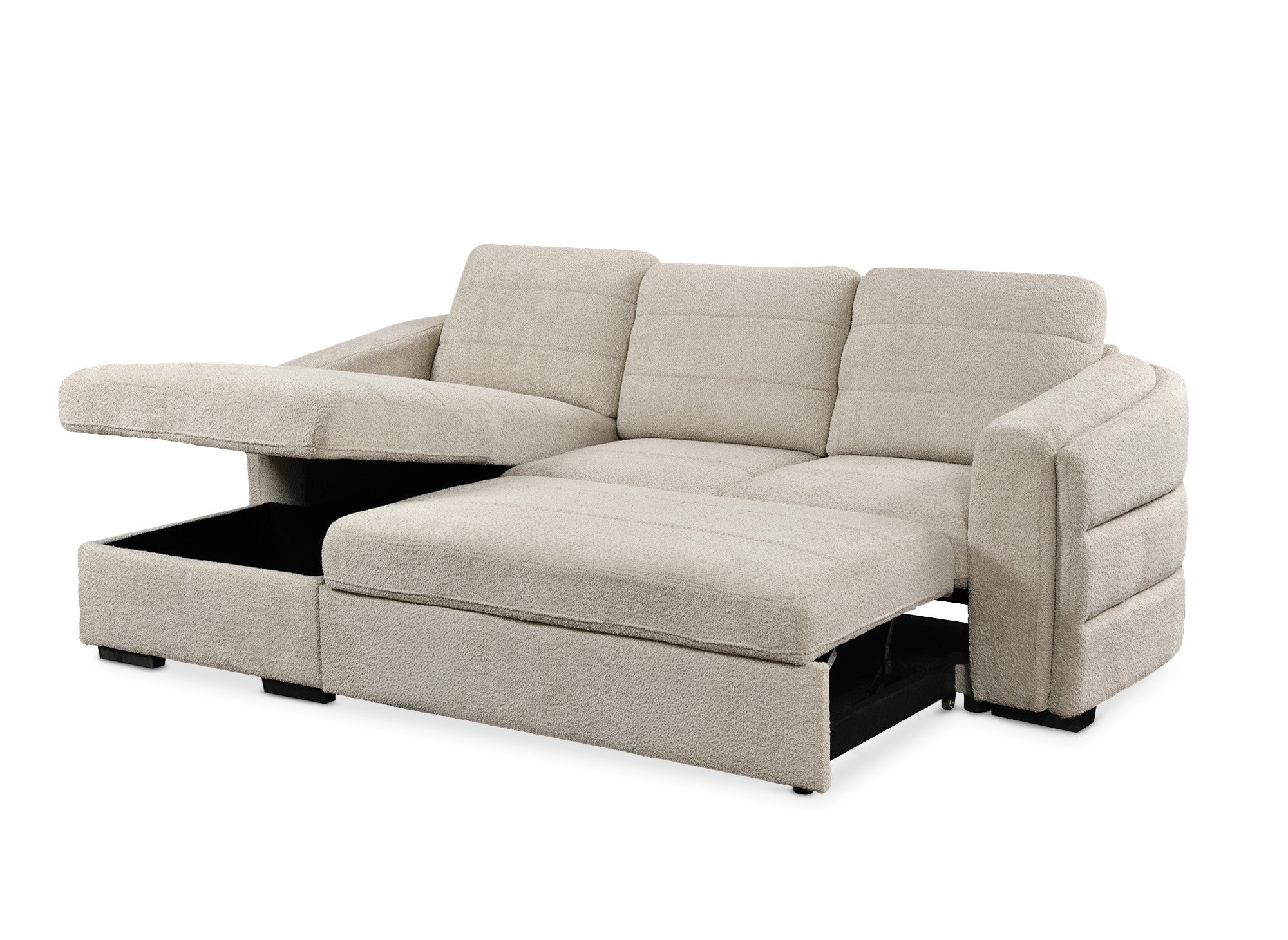 CALANDRA umwandelbares Ecksofa mit Stauraum aus beigem Bouclé-Stoff – Linke Ecke