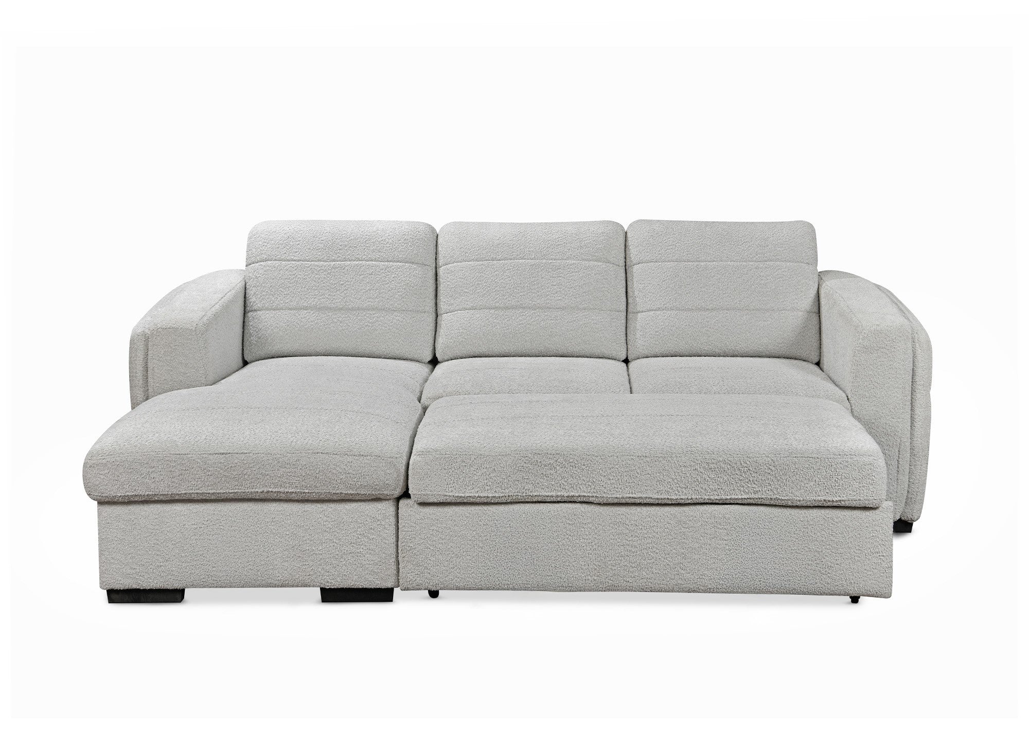 CALANDRA umwandelbares Ecksofa mit Stauraum aus hellgrauem Bouclé-Stoff – Linke Ecke