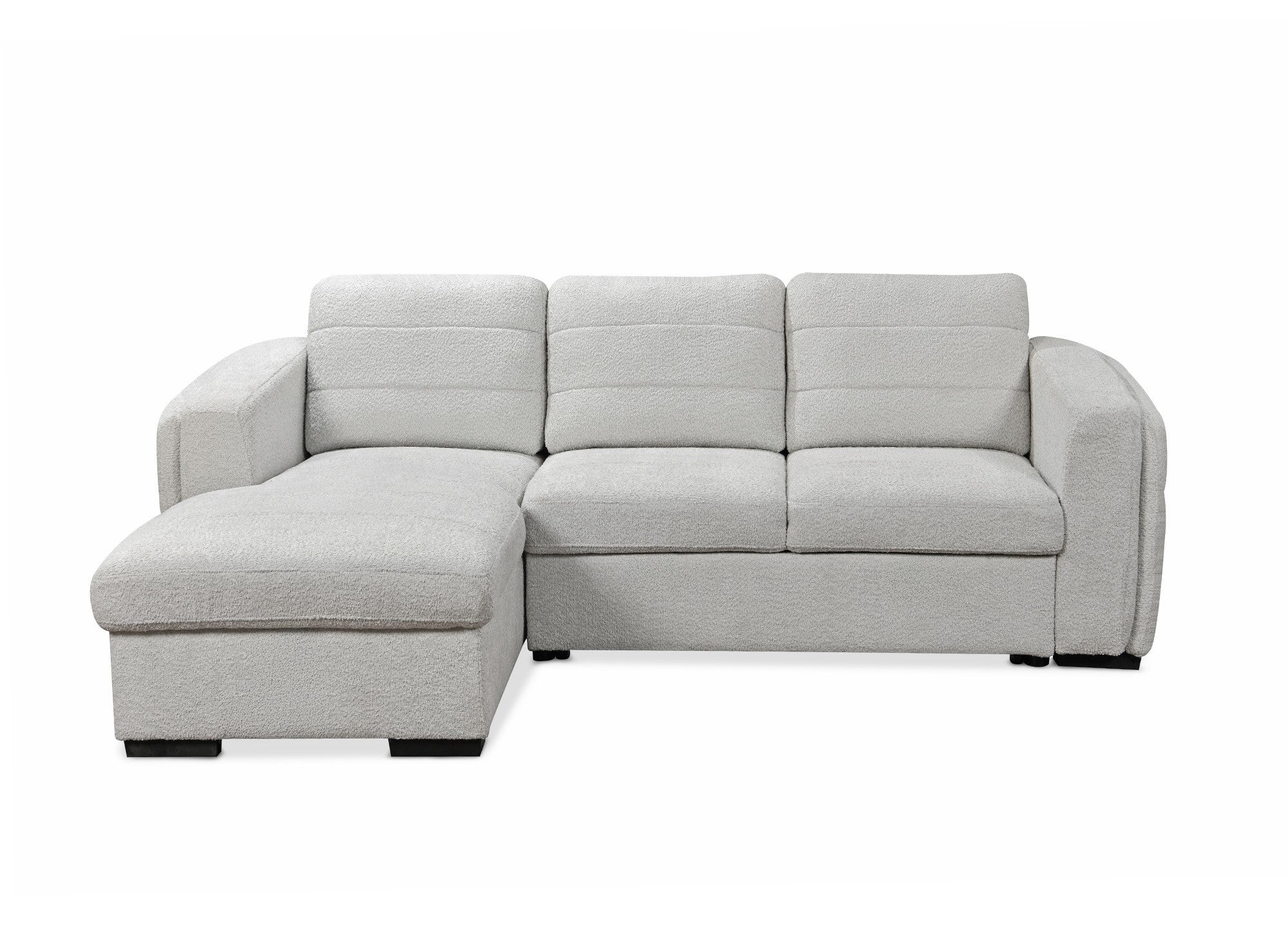 CALANDRA umwandelbares Ecksofa mit Stauraum aus hellgrauem Bouclé-Stoff – Linke Ecke