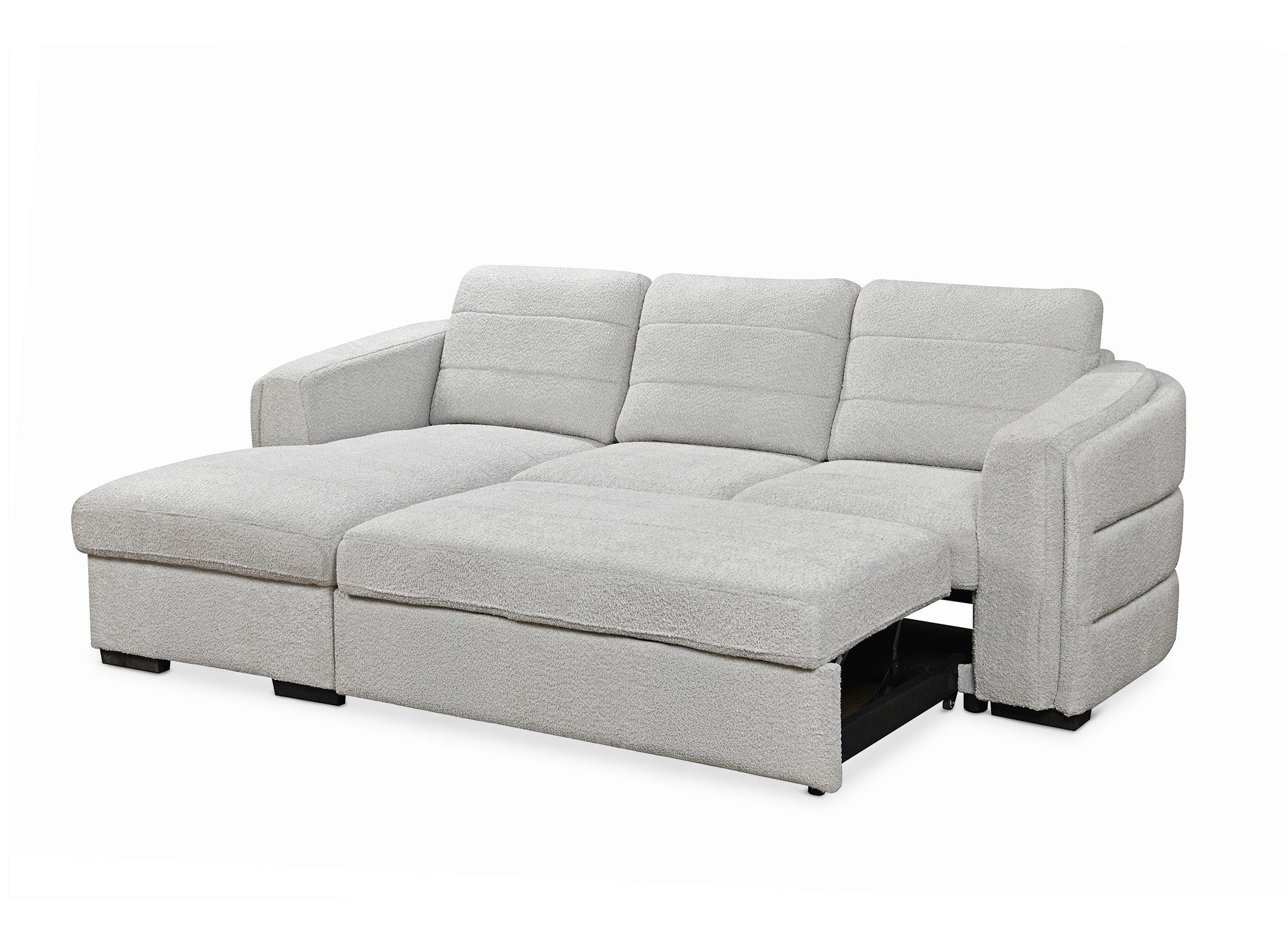 CALANDRA umwandelbares Ecksofa mit Stauraum aus hellgrauem Bouclé-Stoff – Linke Ecke