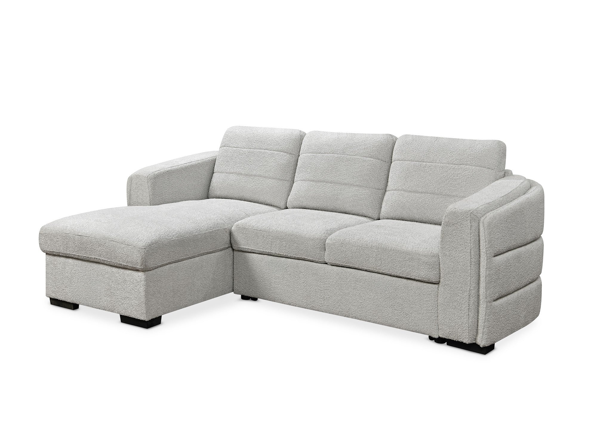 CALANDRA umwandelbares Ecksofa mit Stauraum aus hellgrauem Bouclé-Stoff – Linke Ecke