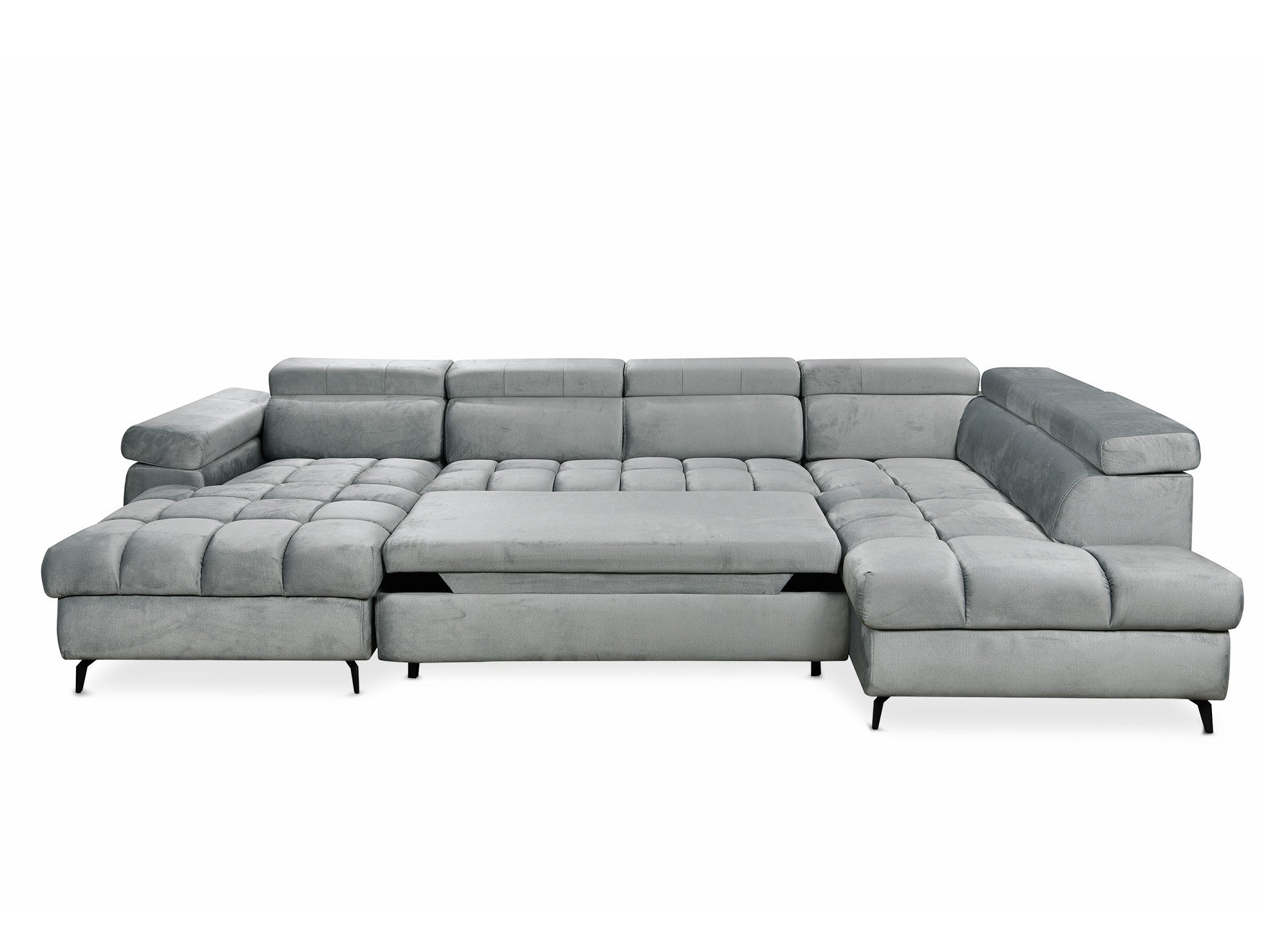 LUCIANO, umwandelbares Panoramasofa aus grauem Samt mit gestepptem Stauraum – Linke Ecke