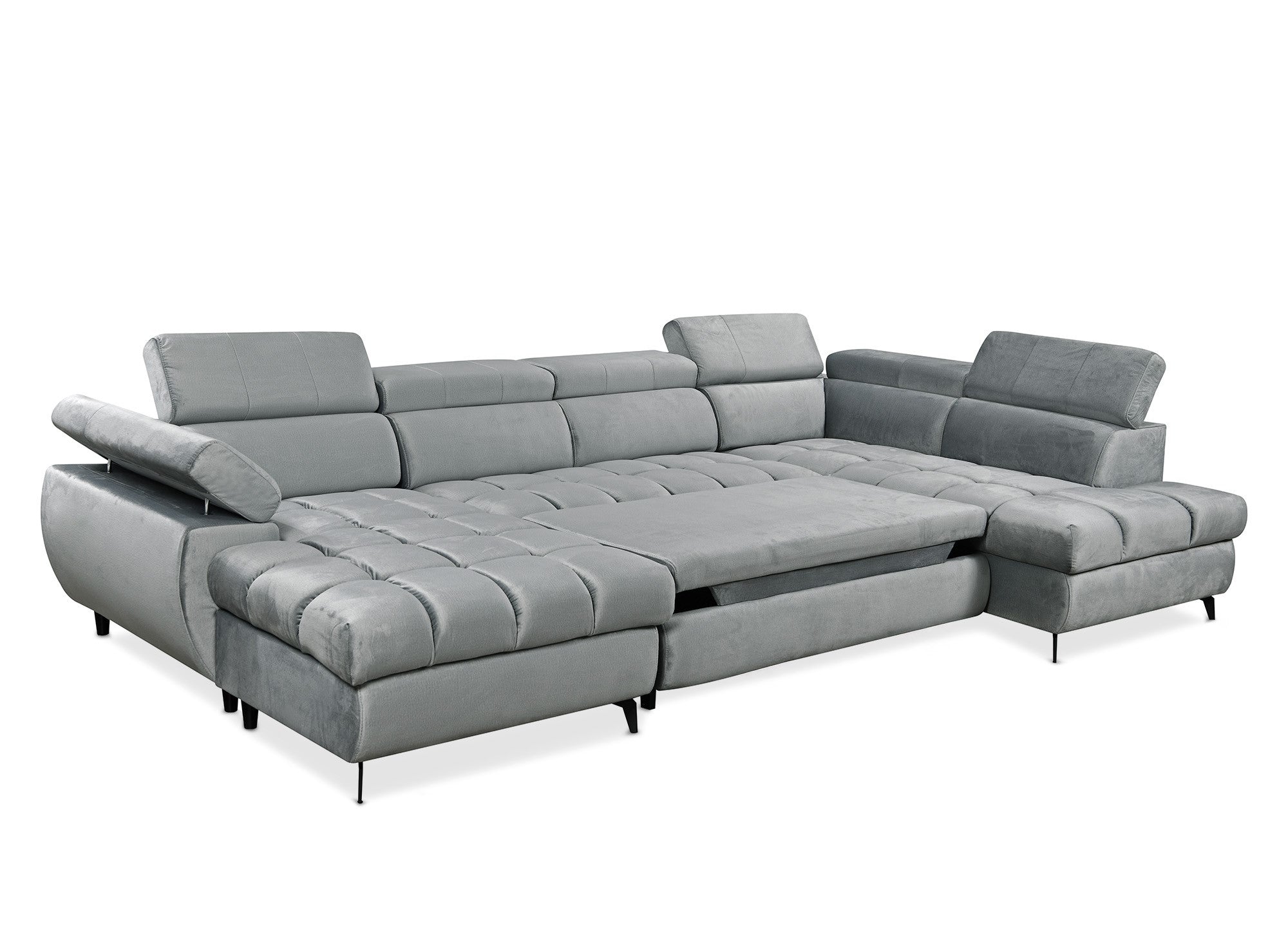 LUCIANO, umwandelbares Panoramasofa aus grauem Samt mit gestepptem Stauraum – Linke Ecke