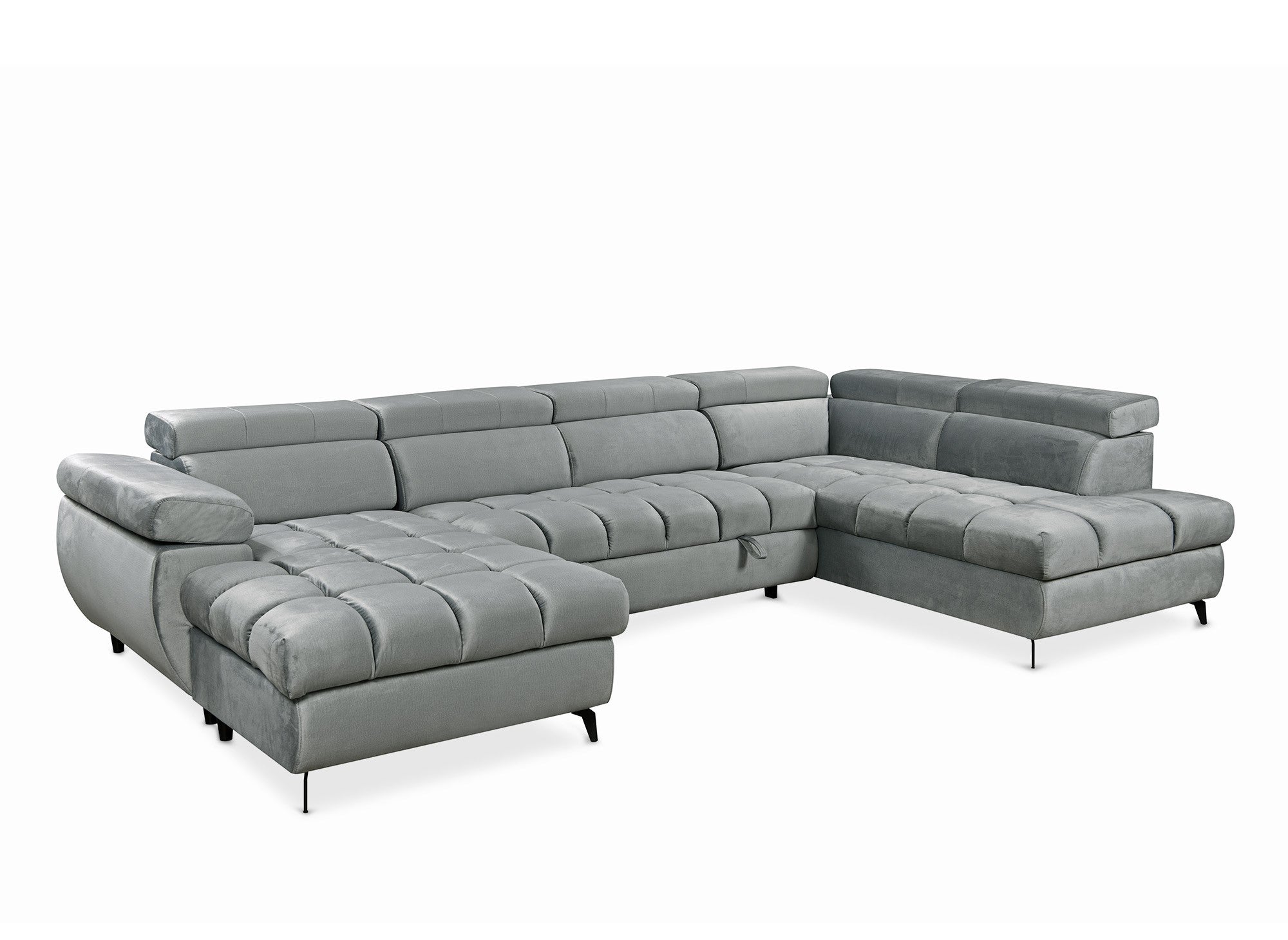 LUCIANO, umwandelbares Panoramasofa aus grauem Samt mit gestepptem Stauraum – Linke Ecke