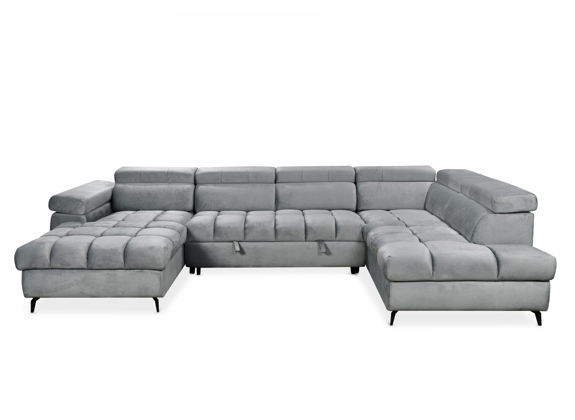 LUCIANO, umwandelbares Panoramasofa aus grauem Samt mit gestepptem Stauraum – Linke Ecke