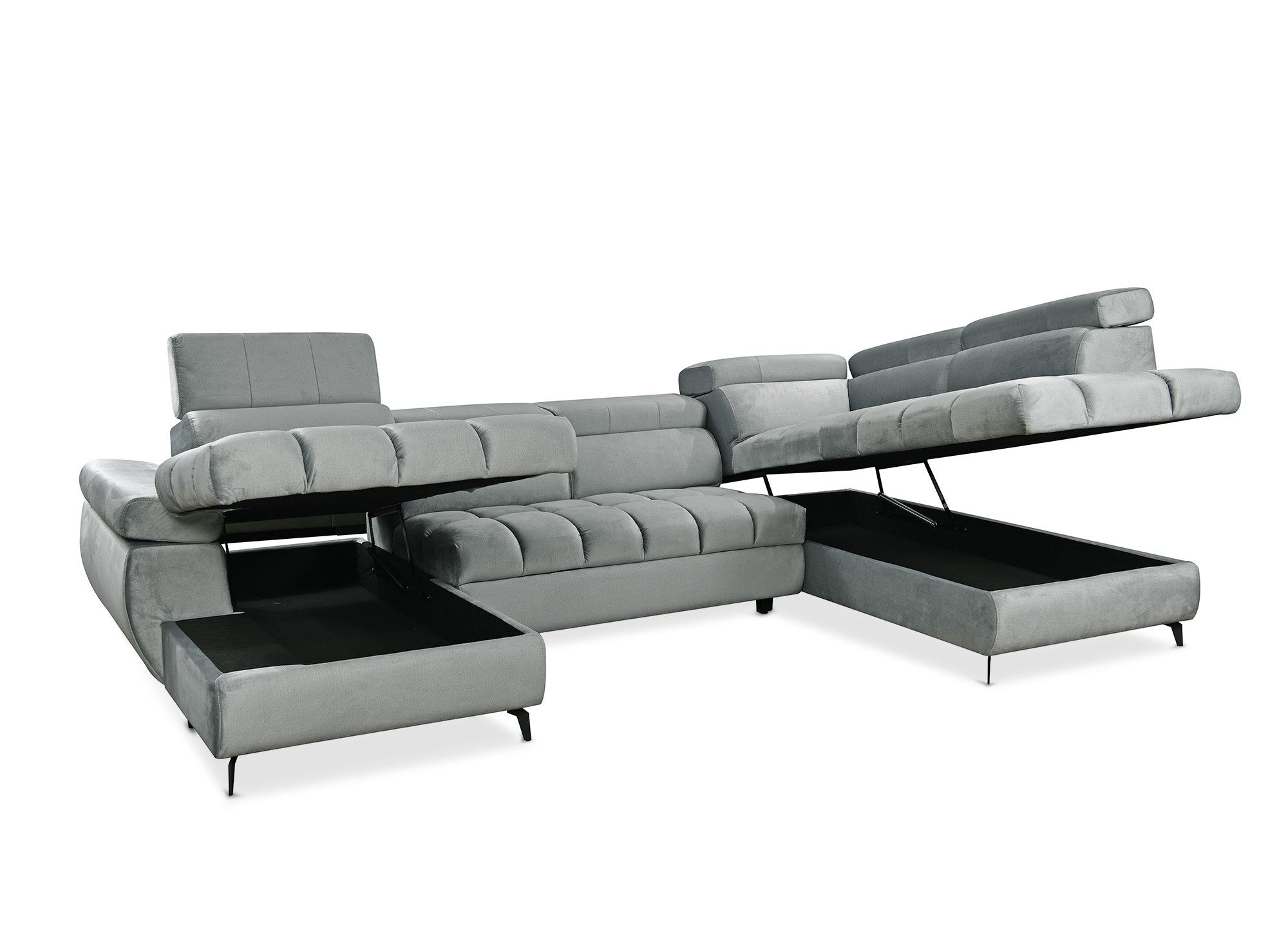 LUCIANO, umwandelbares Panoramasofa aus grauem Samt mit gestepptem Stauraum – Linke Ecke