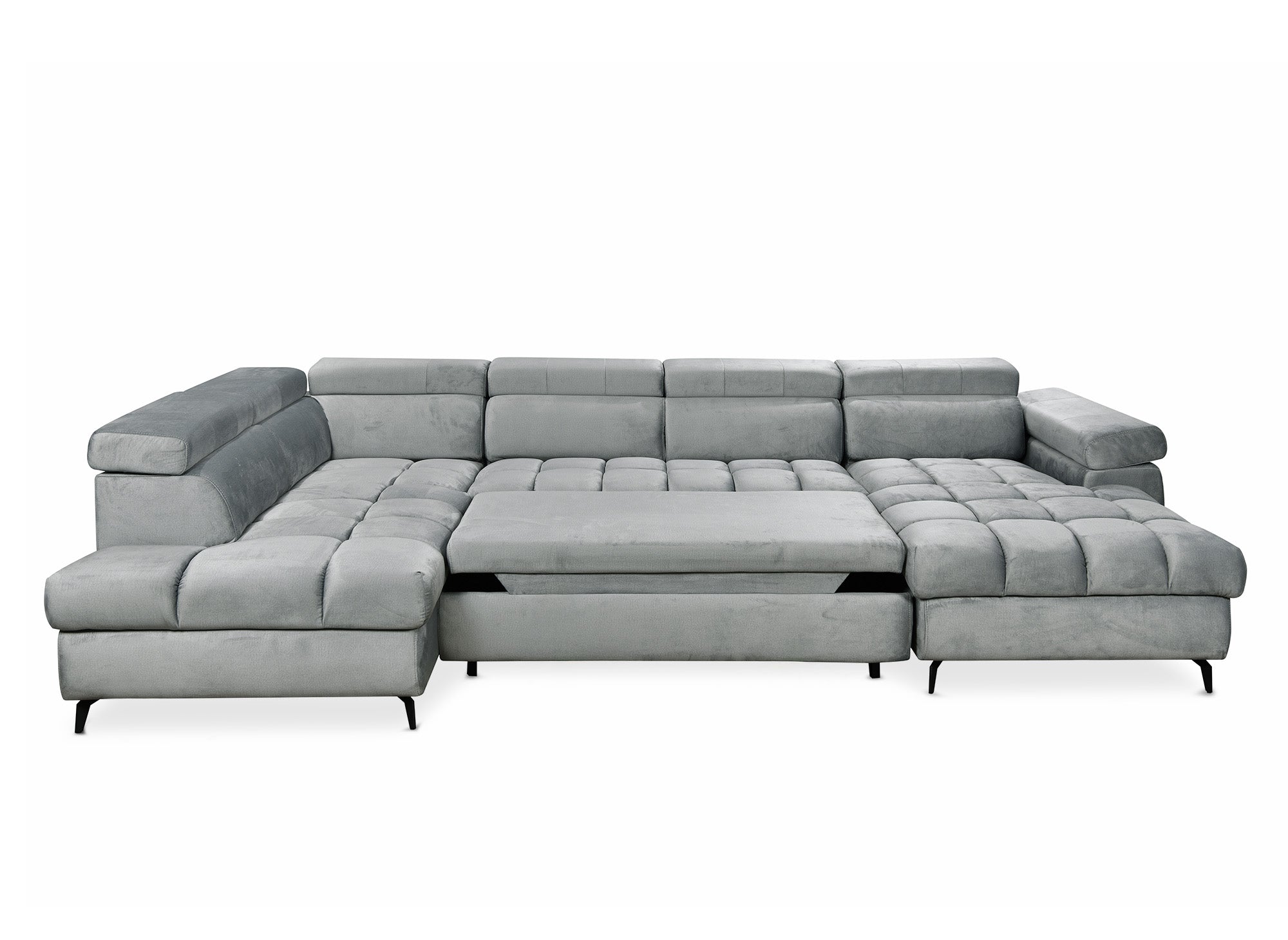 LUCIANO, umwandelbares Panoramasofa aus grauem Samt mit gestepptem Stauraum – rechtwinklig