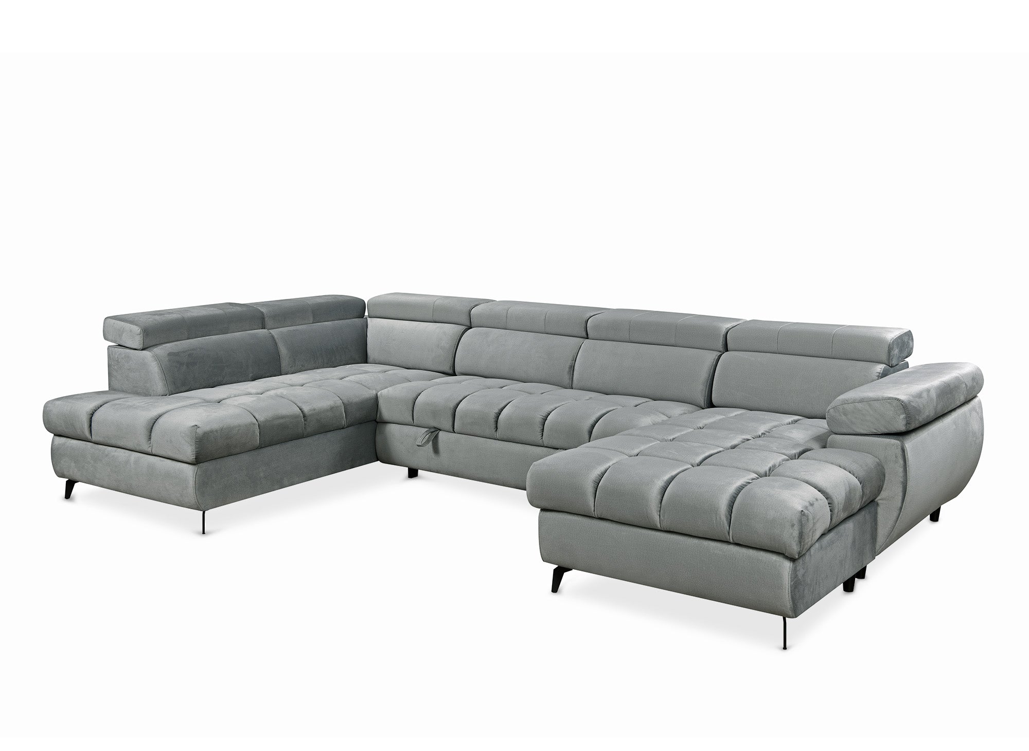 LUCIANO, umwandelbares Panoramasofa aus grauem Samt mit gestepptem Stauraum – rechtwinklig