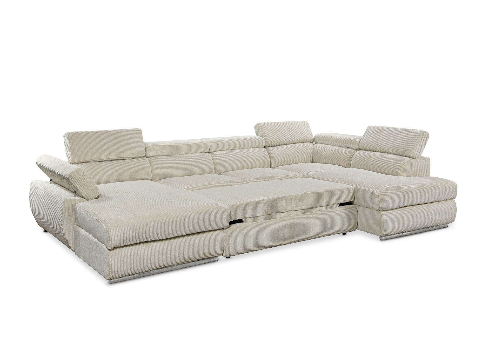 MARIANO Panoramasofa aus dickem, beigefarbenem Cord mit Stauraum – Linke Ecke