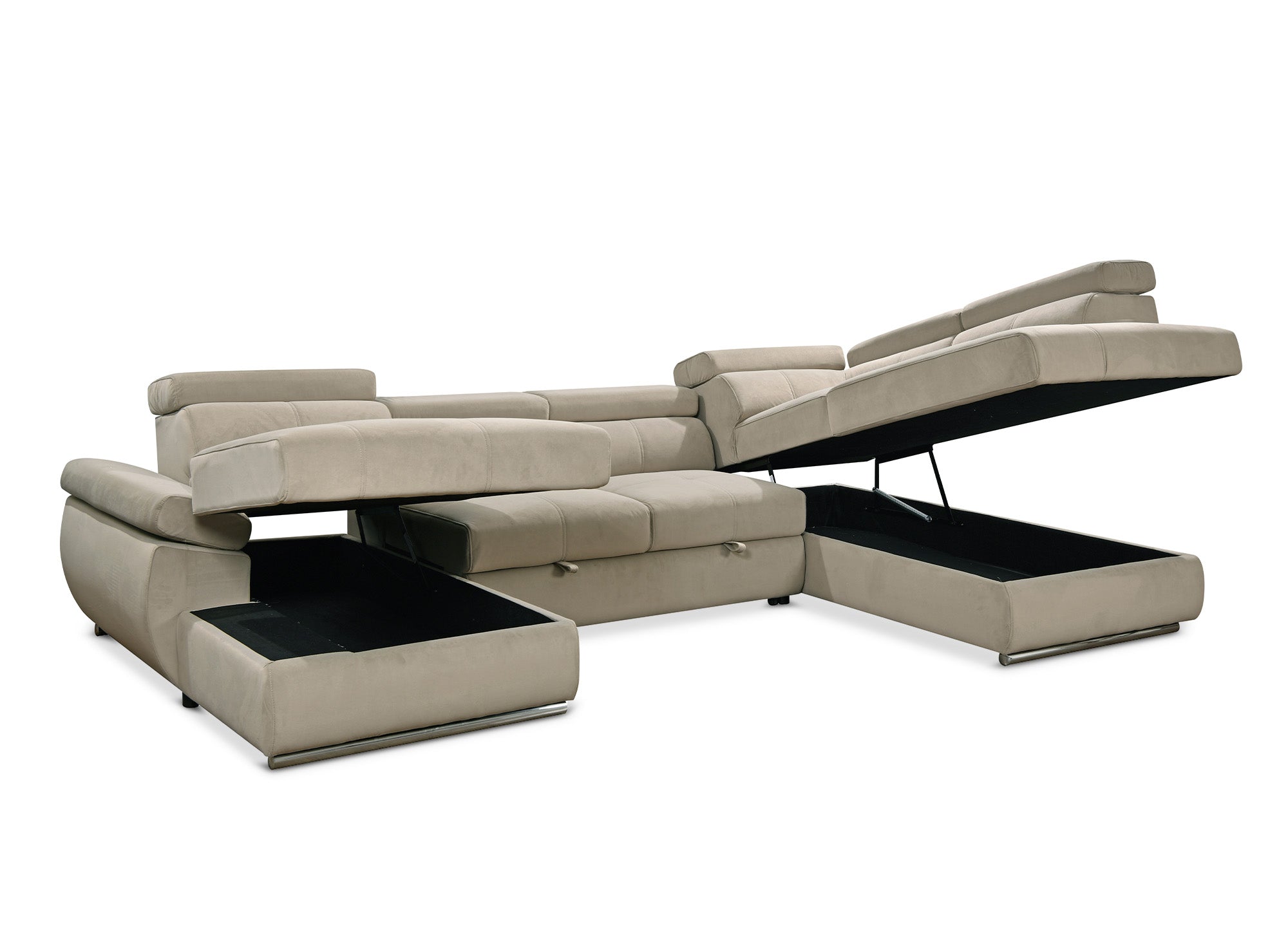 MARIANO Panorama-Sofa mit Stauraum aus taupefarbenem Samt – Linke Ecke
