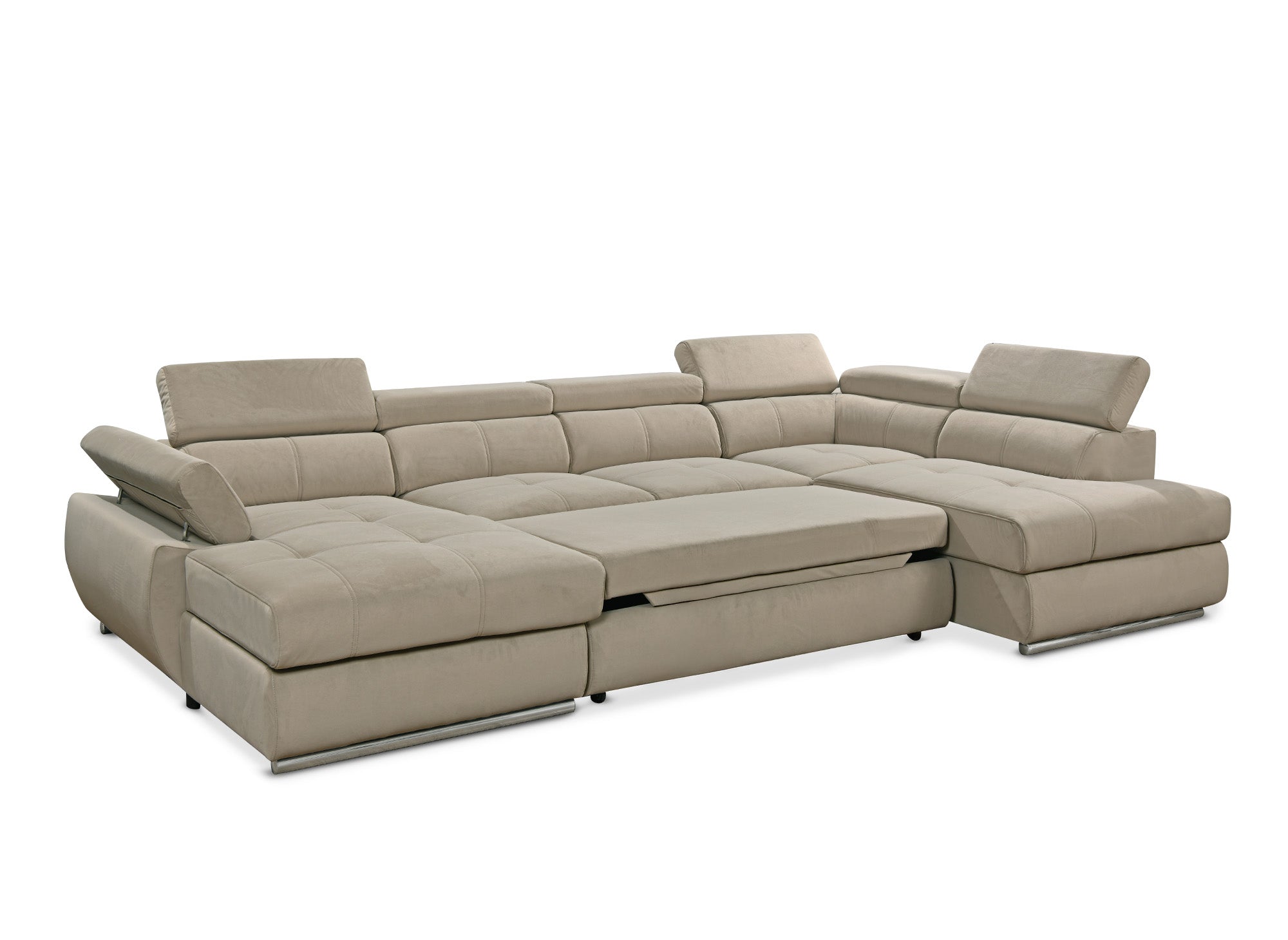 MARIANO Panorama-Sofa mit Stauraum aus taupefarbenem Samt – Linke Ecke