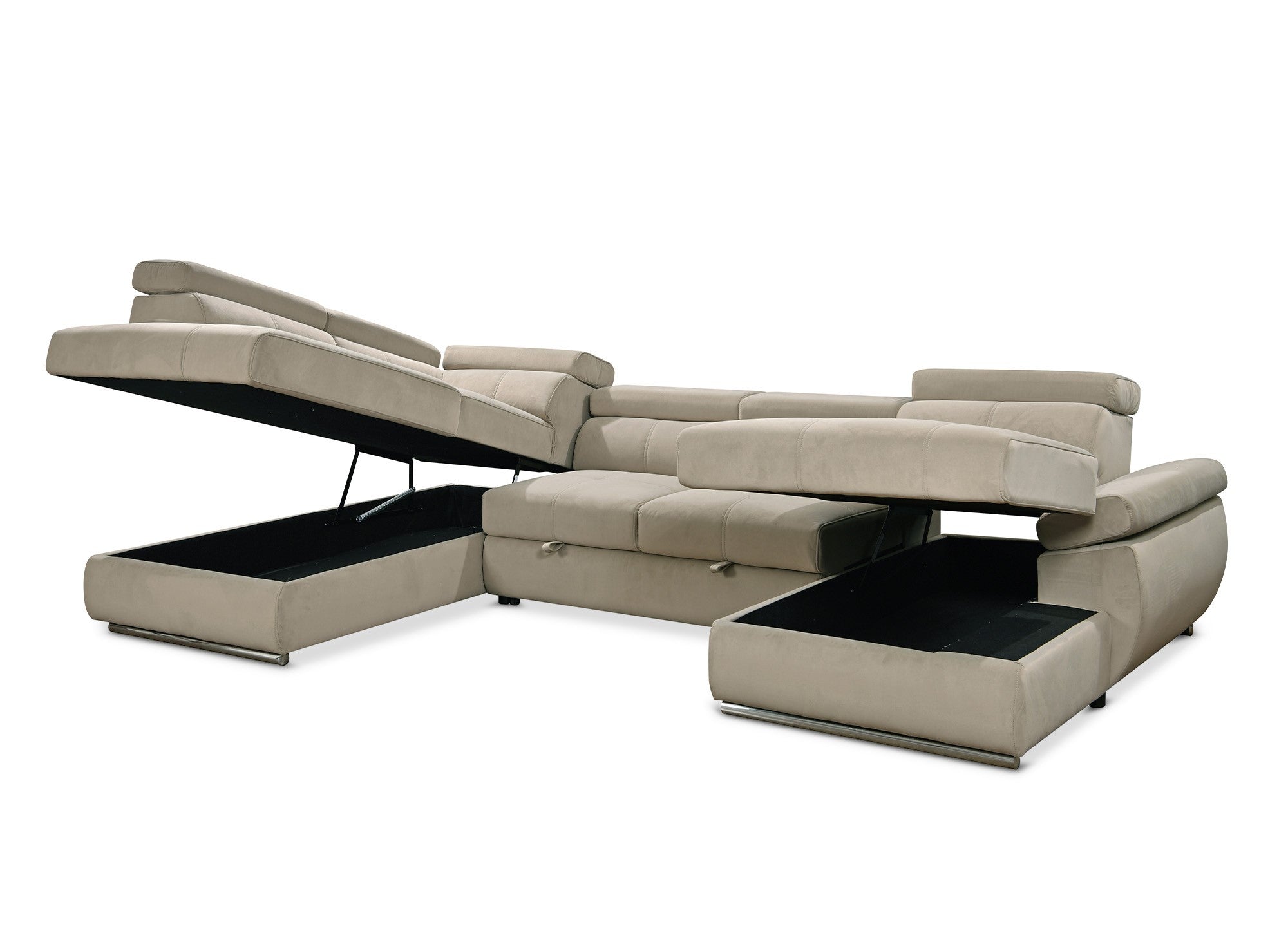 MARIANO Panorama-Sofa mit Stauraum aus taupefarbenem Samt – rechtwinklig