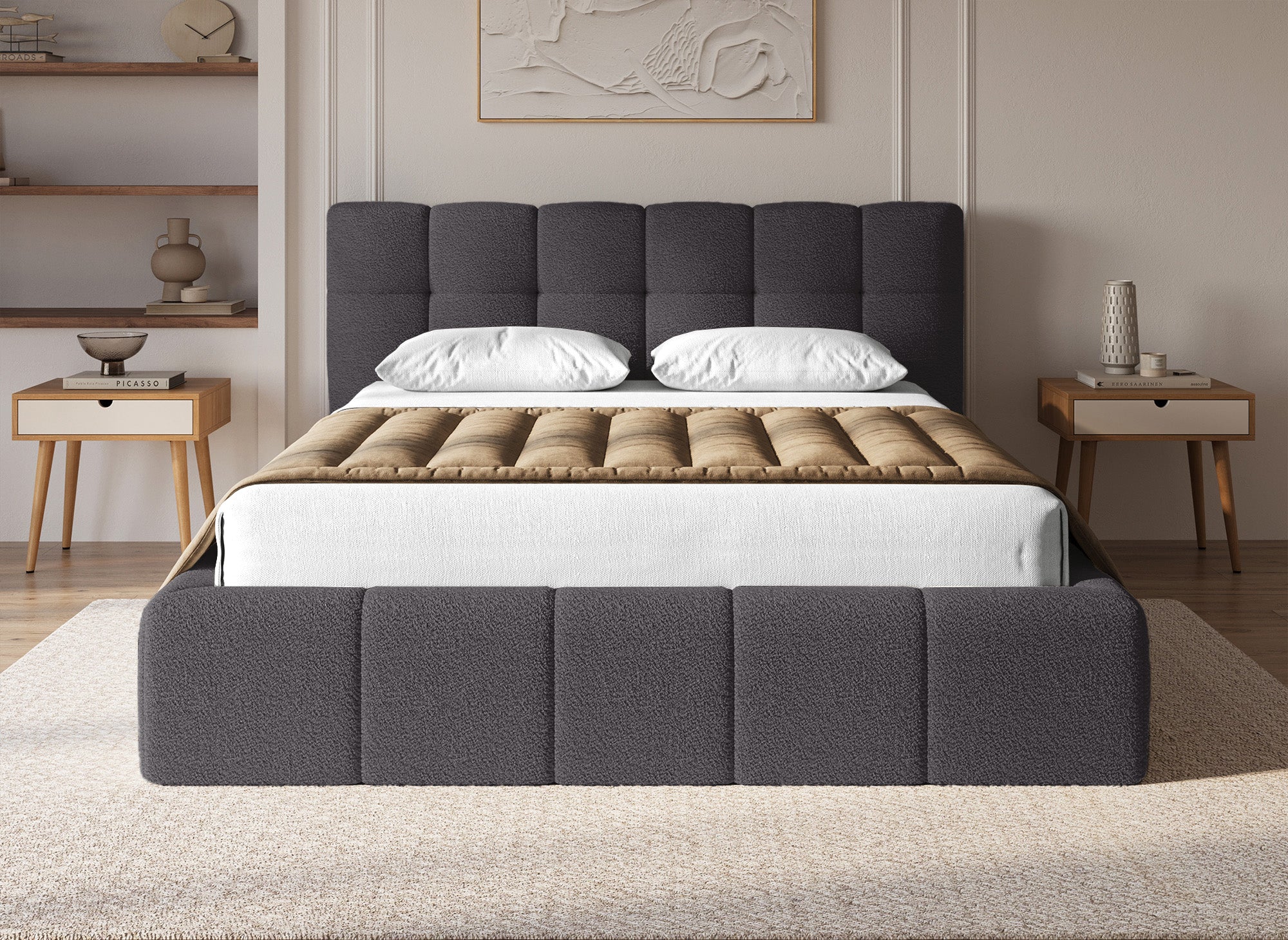 MILIE Bett mit Stauraum aus Frottee, grau, 160 x 200 cm