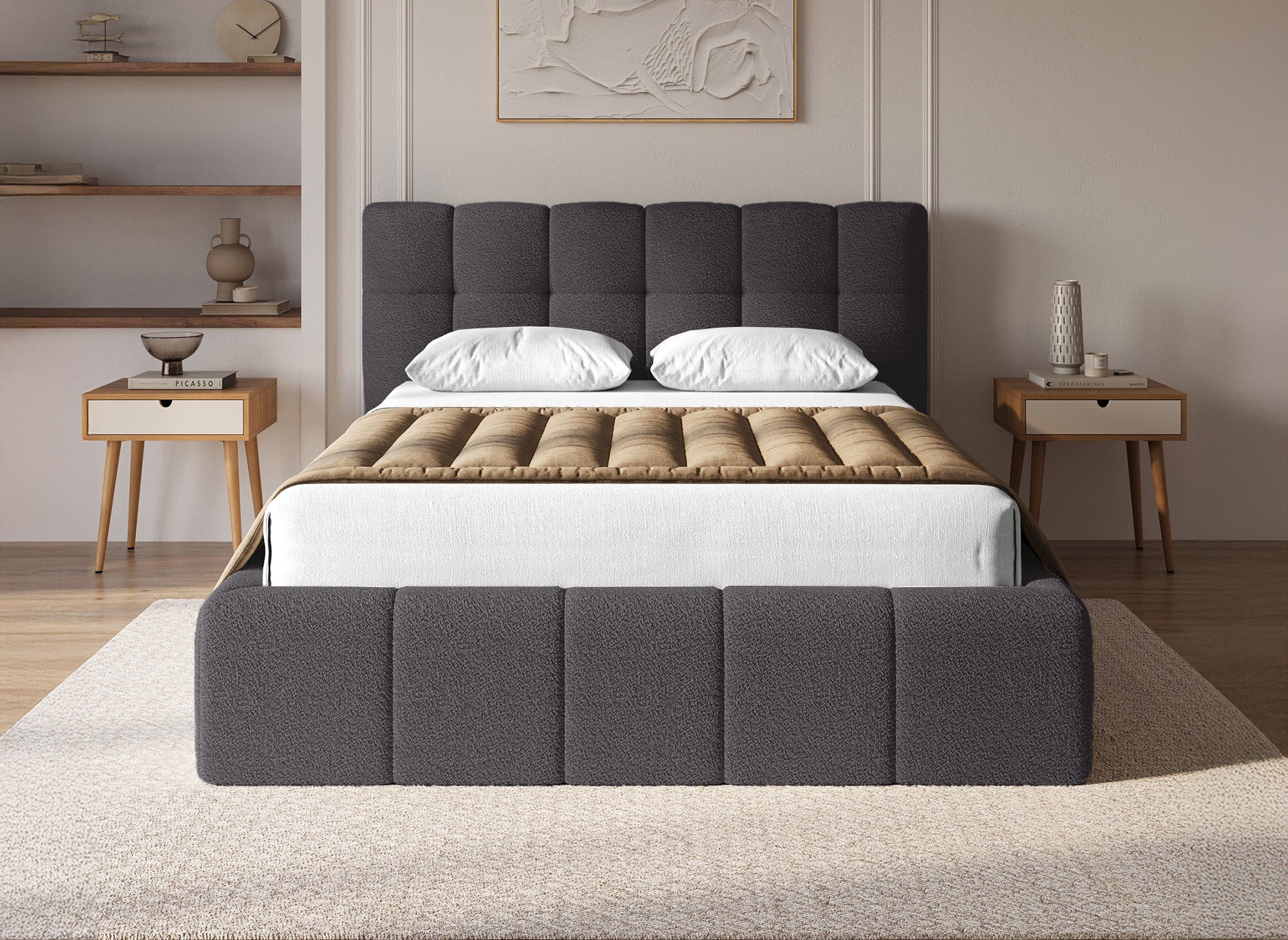 MILIE Bett mit Stauraum aus Frottee, grau, 140 x 190 cm