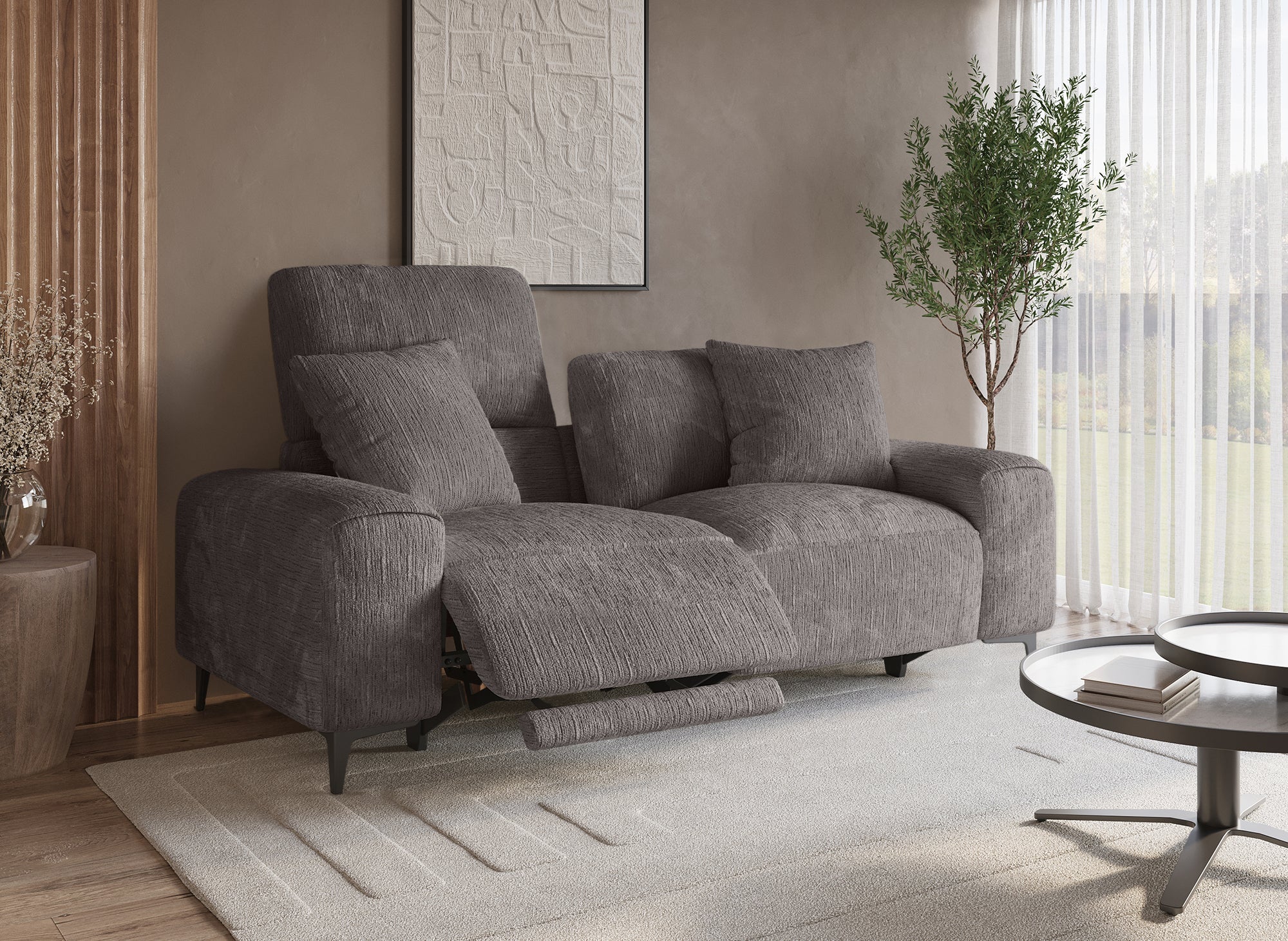 Elektrisches 3-Sitzer-Relaxsofa HELOISE aus dunkelgrau meliertem Samt